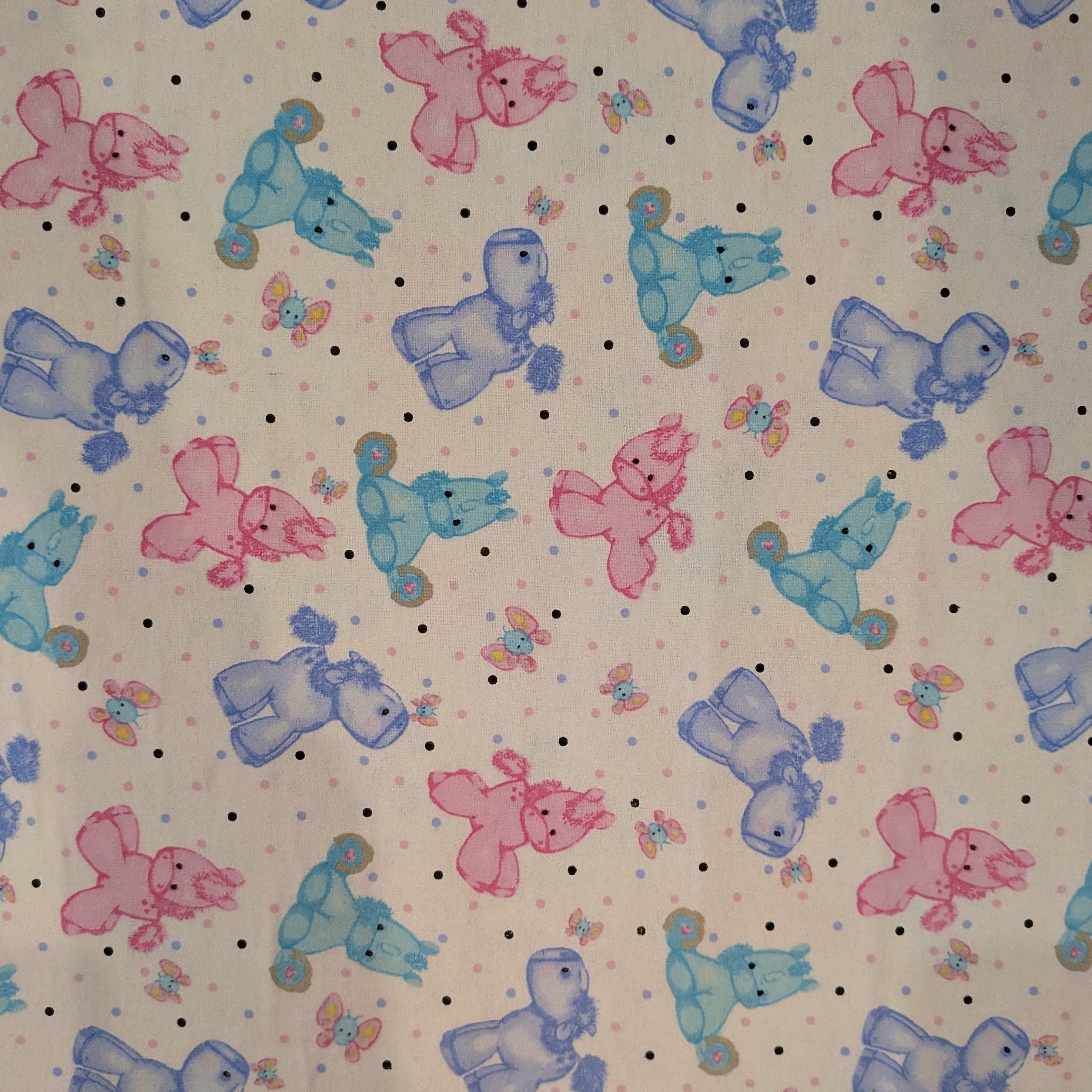 A.E. Nathan ~ PONY and BUTTERFLY ~ FLANNEL ~ White ~ Sold by the 1/2 Yard