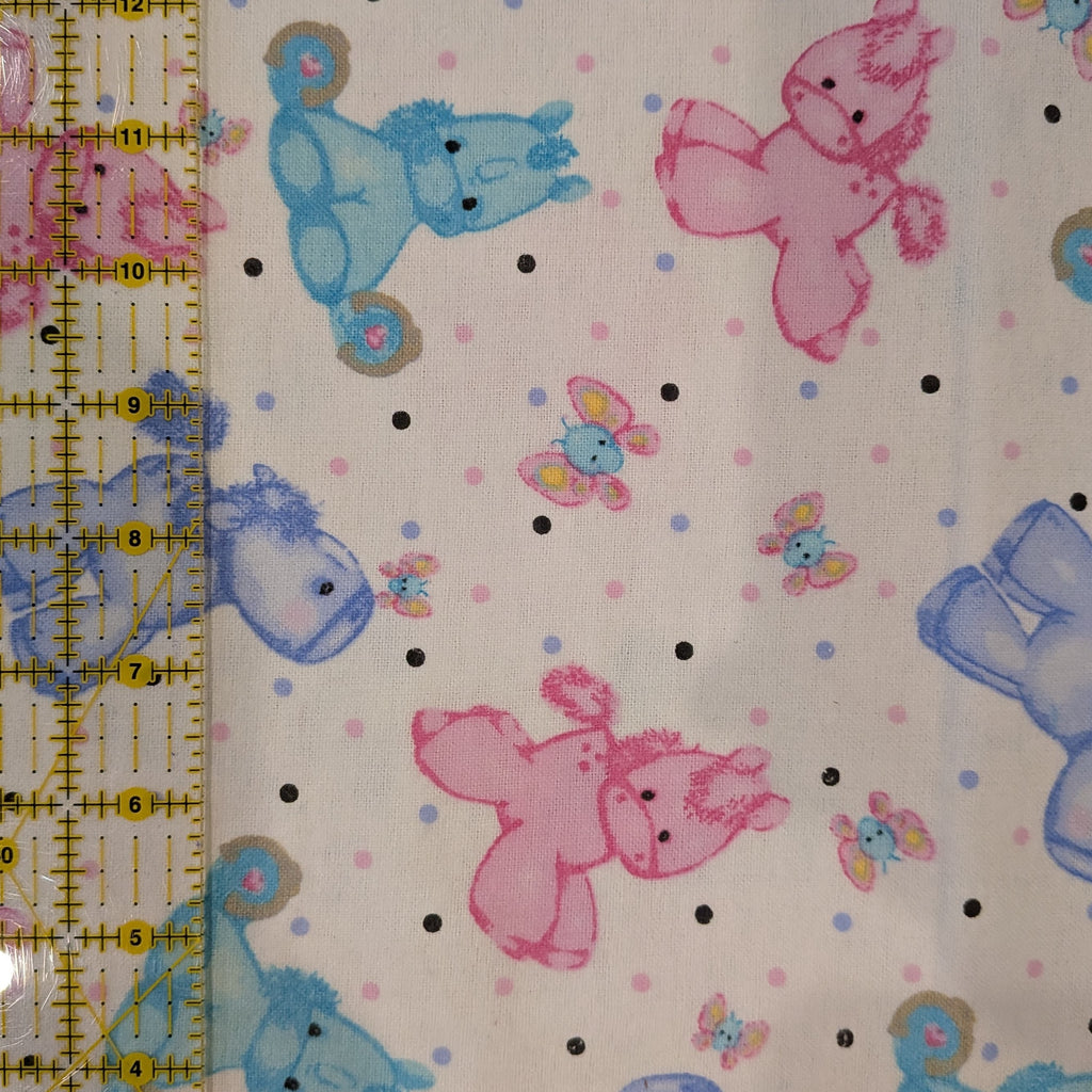 A.E. Nathan ~ PONY and BUTTERFLY ~ FLANNEL ~ White ~ Sold by the 1/2 Yard