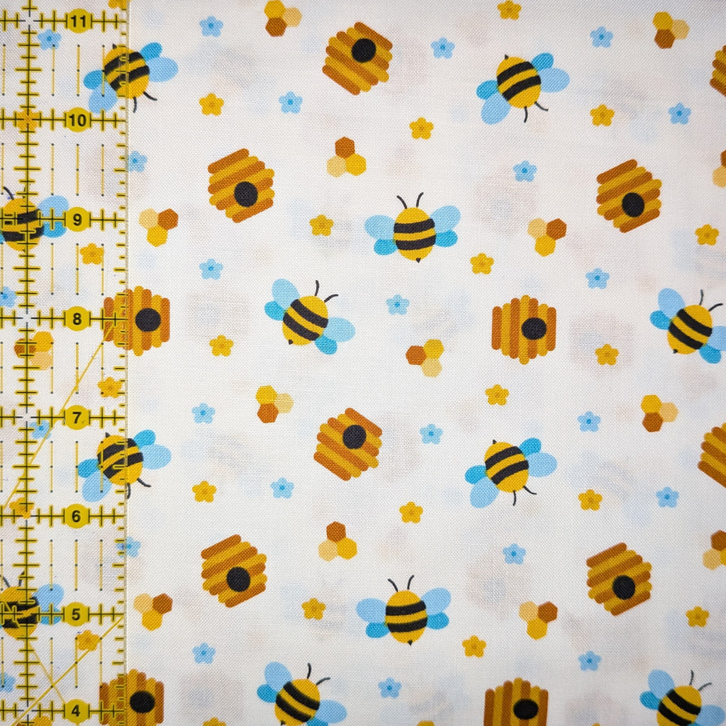 David Textiles ~ BEEHIVE PARTY (Potpourri of Novelty) ~ White ~ Sold by the 1/2 Yard