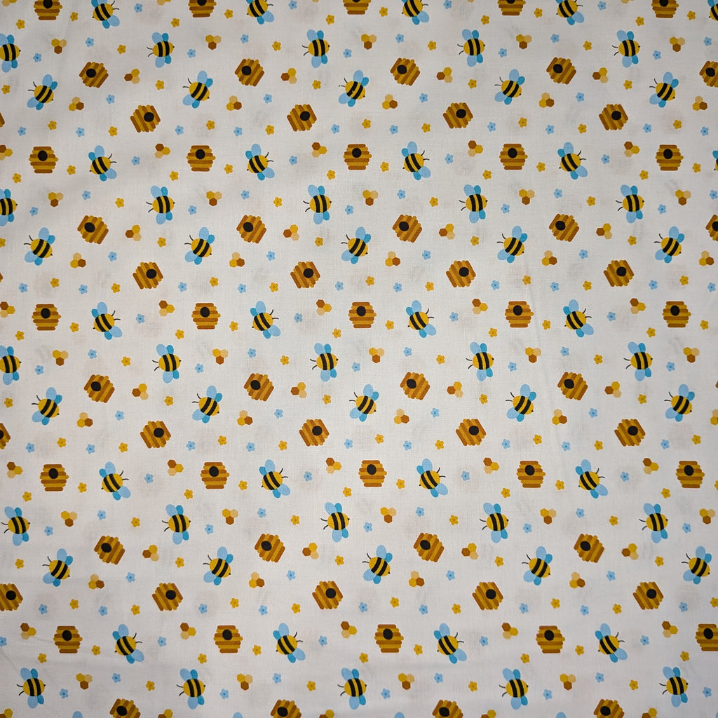 David Textiles ~ BEEHIVE PARTY (Potpourri of Novelty) ~ White ~ Sold by the 1/2 Yard