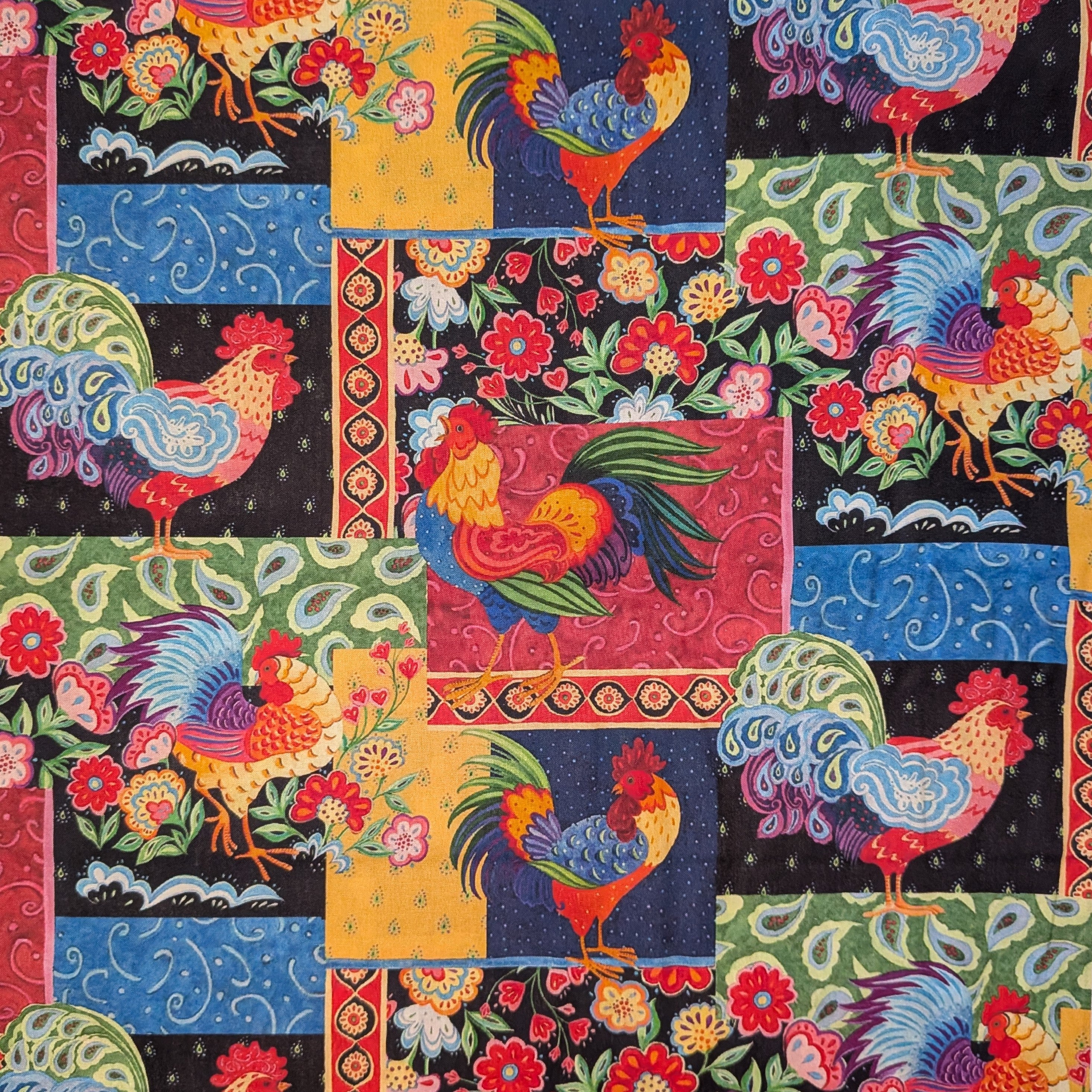 Springs Creative ~ Calico Red ~ ROOSTER PATCH ~ (Licensed Print) ~ Multi ~ Sold by the 1/2 Yard