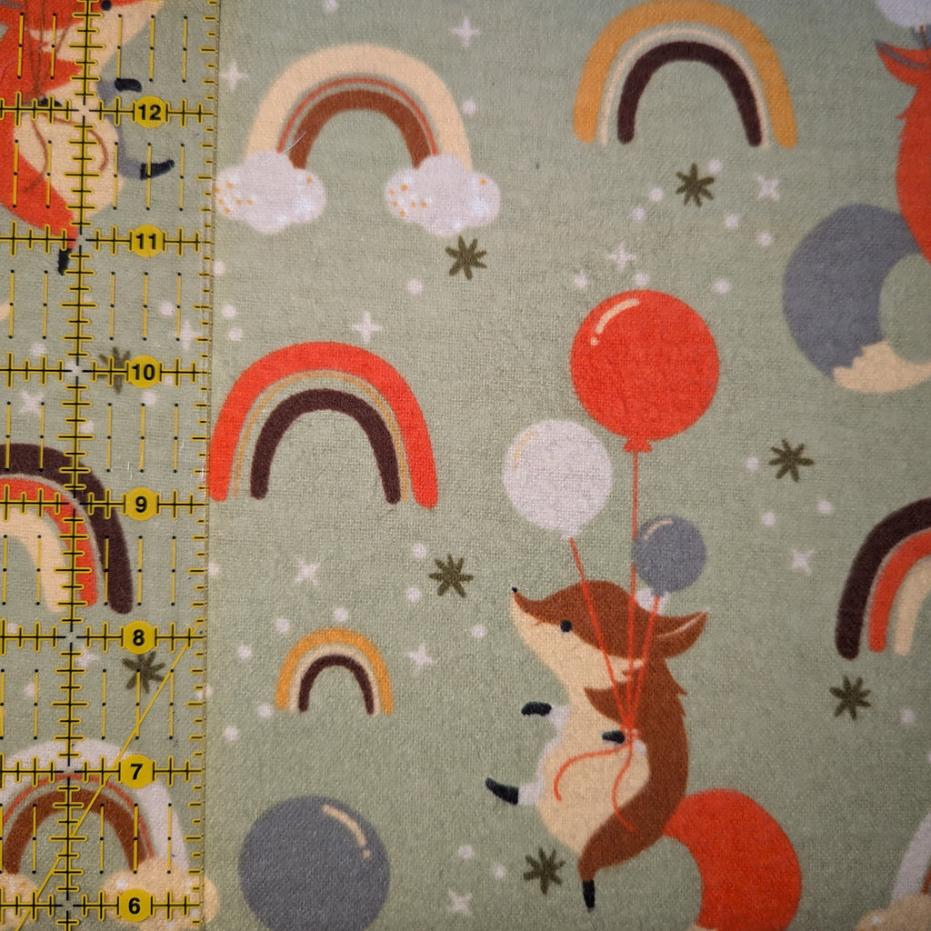 David Textiles ~ FOXES And RAINBOWS ~ FLANNEL ~ Green ~ Sold by the 1/2 Yard