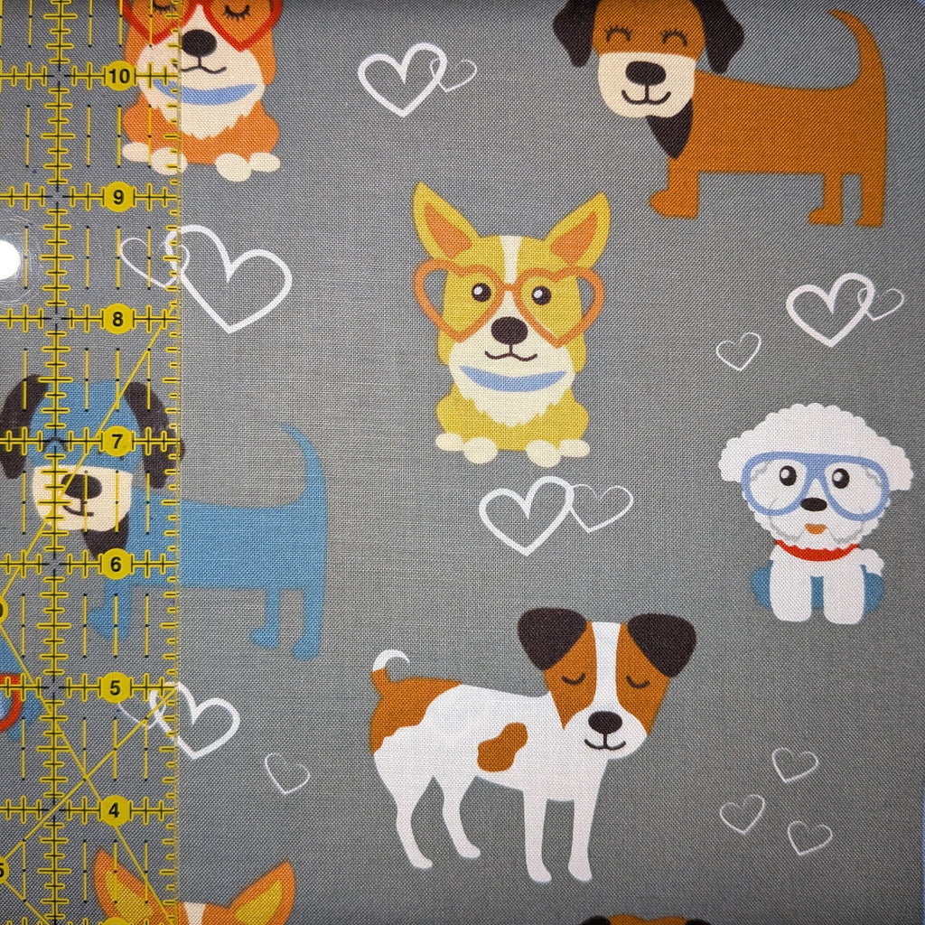 David Textiles ~ GOOD PUPPY LOVE (Potpourri of Novelty) ~ Gray ~ Sold by the 1/2 Yard