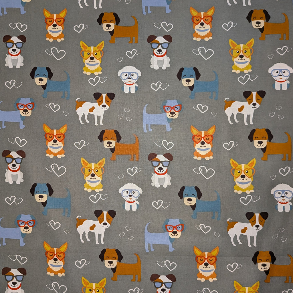 David Textiles ~ GOOD PUPPY LOVE (Potpourri of Novelty) ~ Gray ~ Sold by the 1/2 Yard