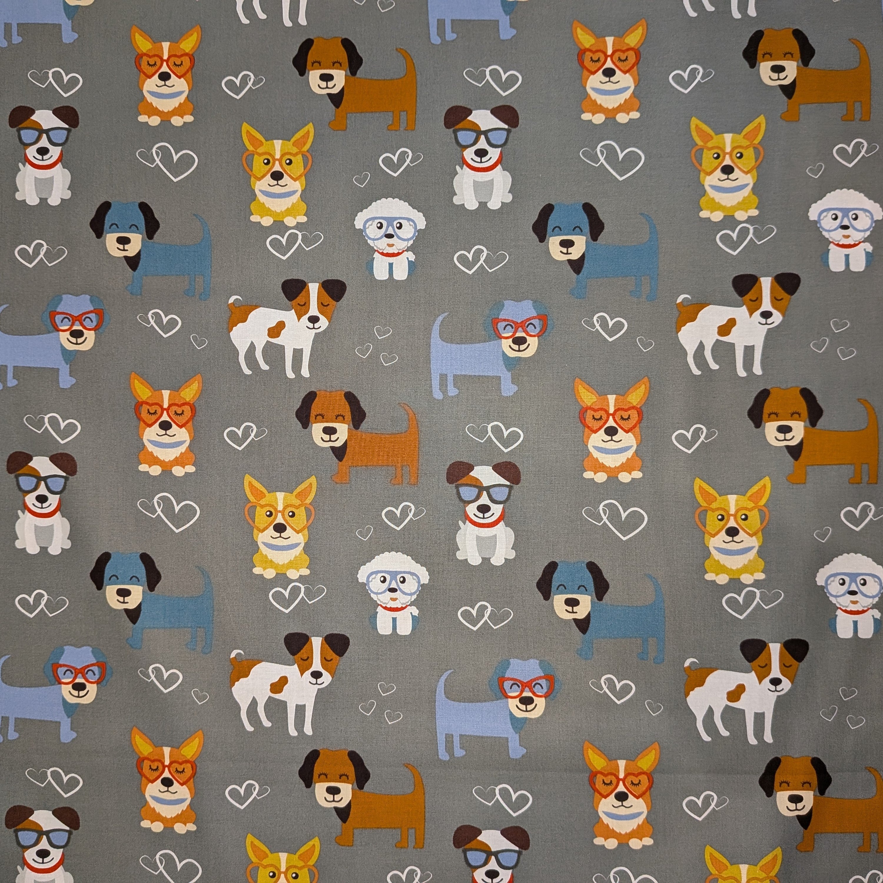 David Textiles ~ GOOD PUPPY LOVE (Potpourri of Novelty) ~ Gray ~ Sold by the 1/2 Yard