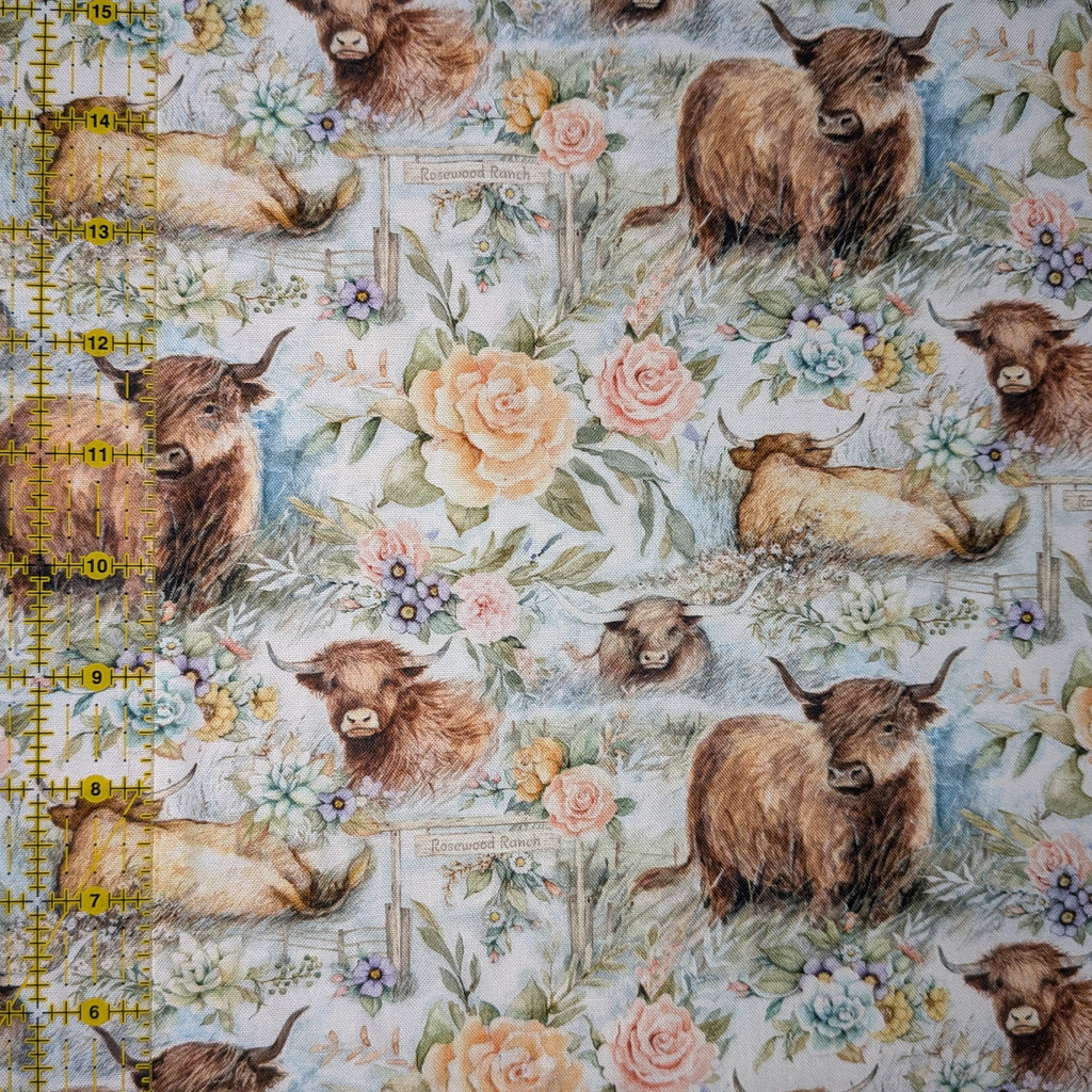 Springs Creative ~ Highland Ranch ~ COW RANCH ~ (Licensed Print) ~ Blue ~ Sold by the 1/2 Yard