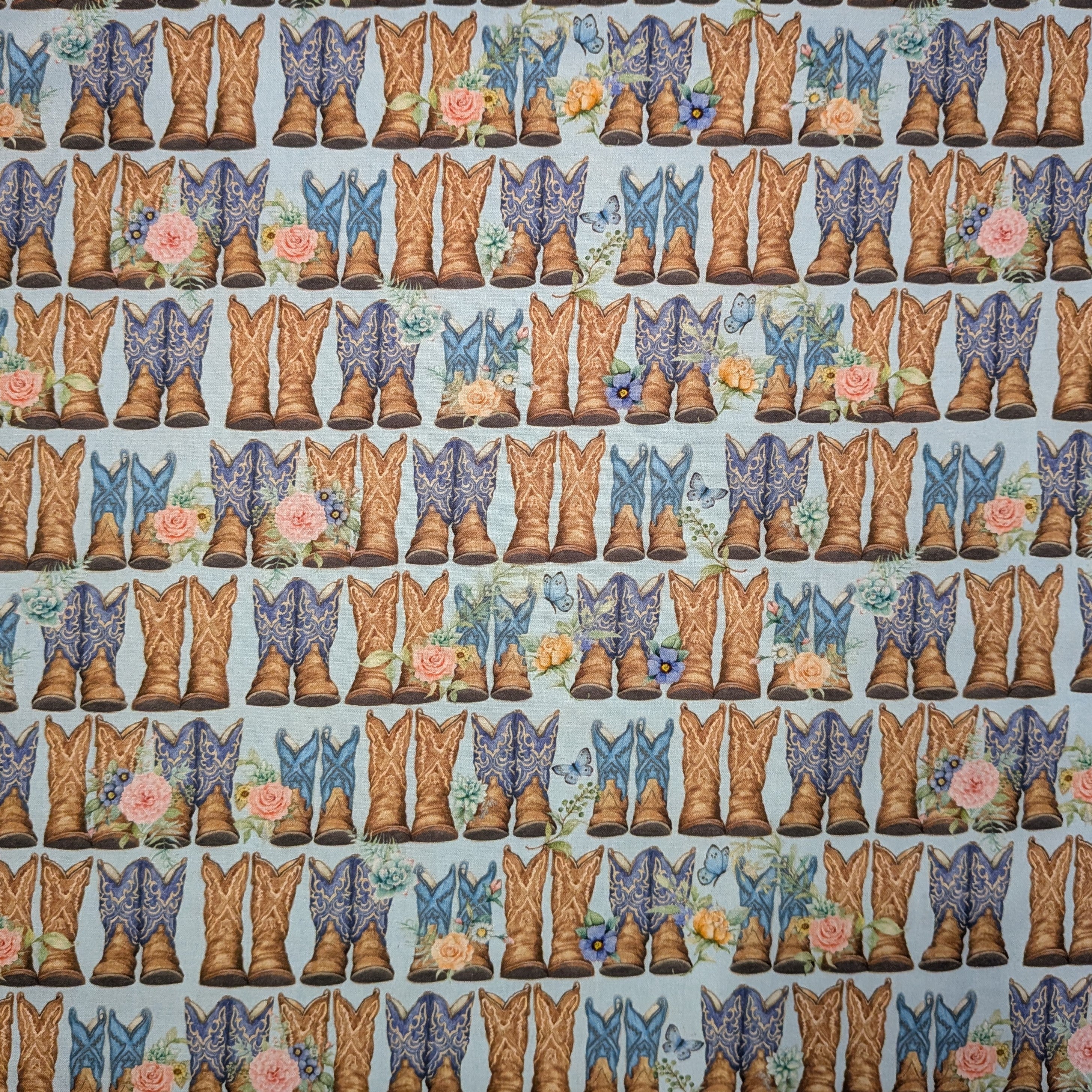 Springs Creative ~ Highland Ranch ~ DUSTY BOOTS ~ (Licensed Print) ~ Blue ~ Sold by the 1/2 Yard