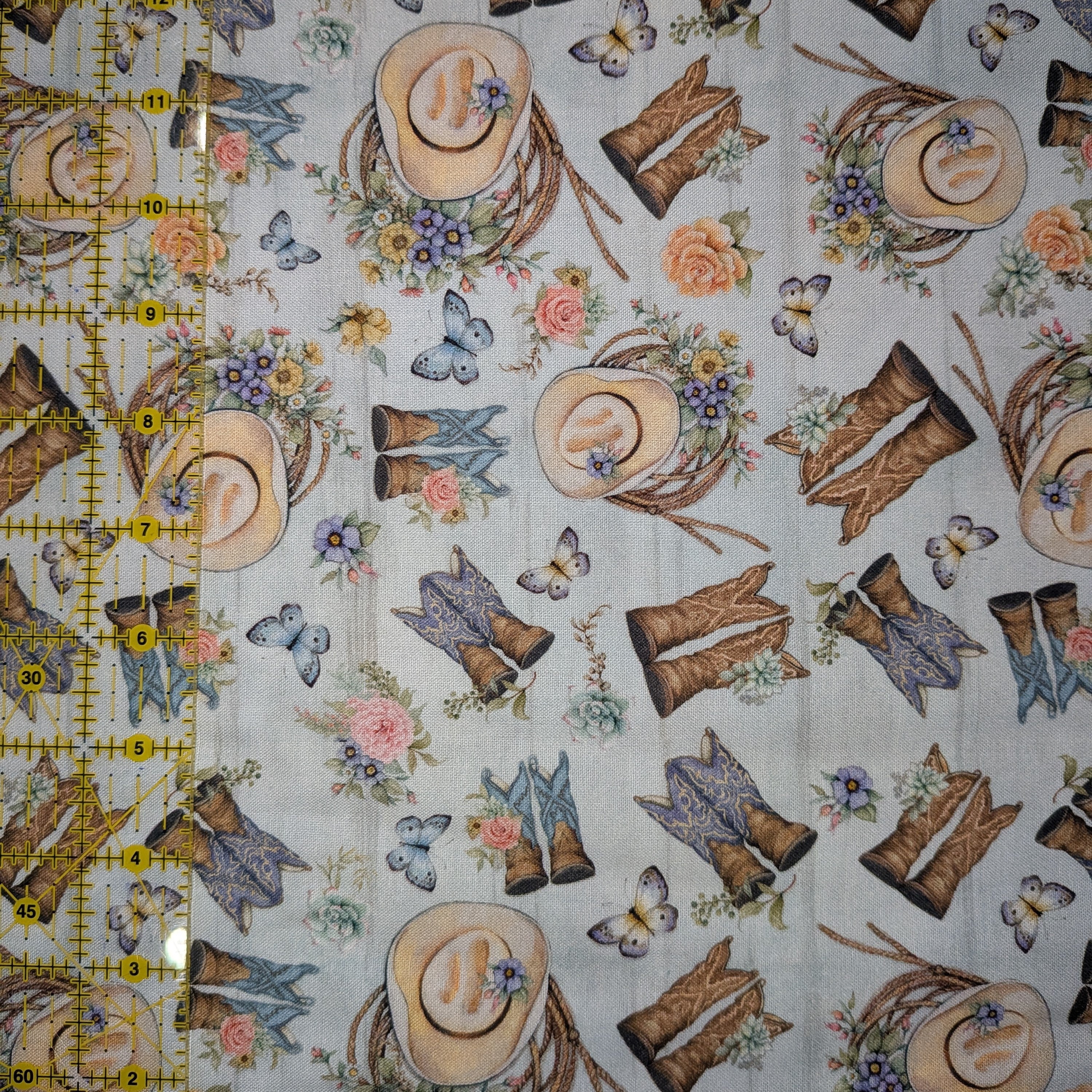 Springs Creative ~ Highland Ranch ~ TOSSED BOOTS ~ (Licensed Print) ~ Blue ~ Sold by the 1/2 Yard