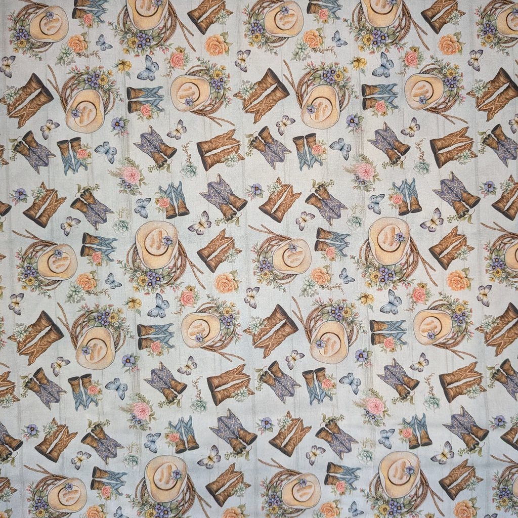 Springs Creative ~ Highland Ranch ~ TOSSED BOOTS ~ (Licensed Print) ~ Blue ~ Sold by the 1/2 Yard