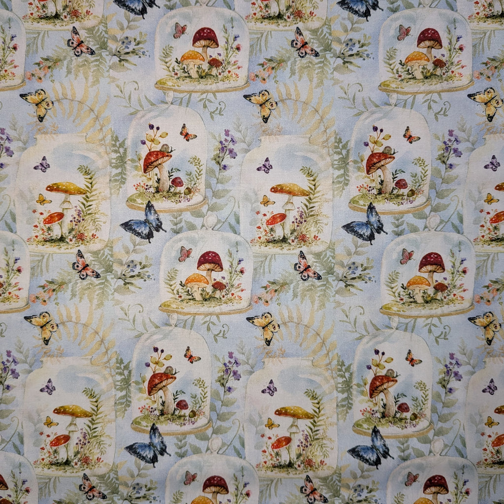 Springs Creative ~ Mushrooms ~ MUSHROOMS JARS ~ (Licensed Print) ~ Blue ~ Sold by the 1/2 Yard