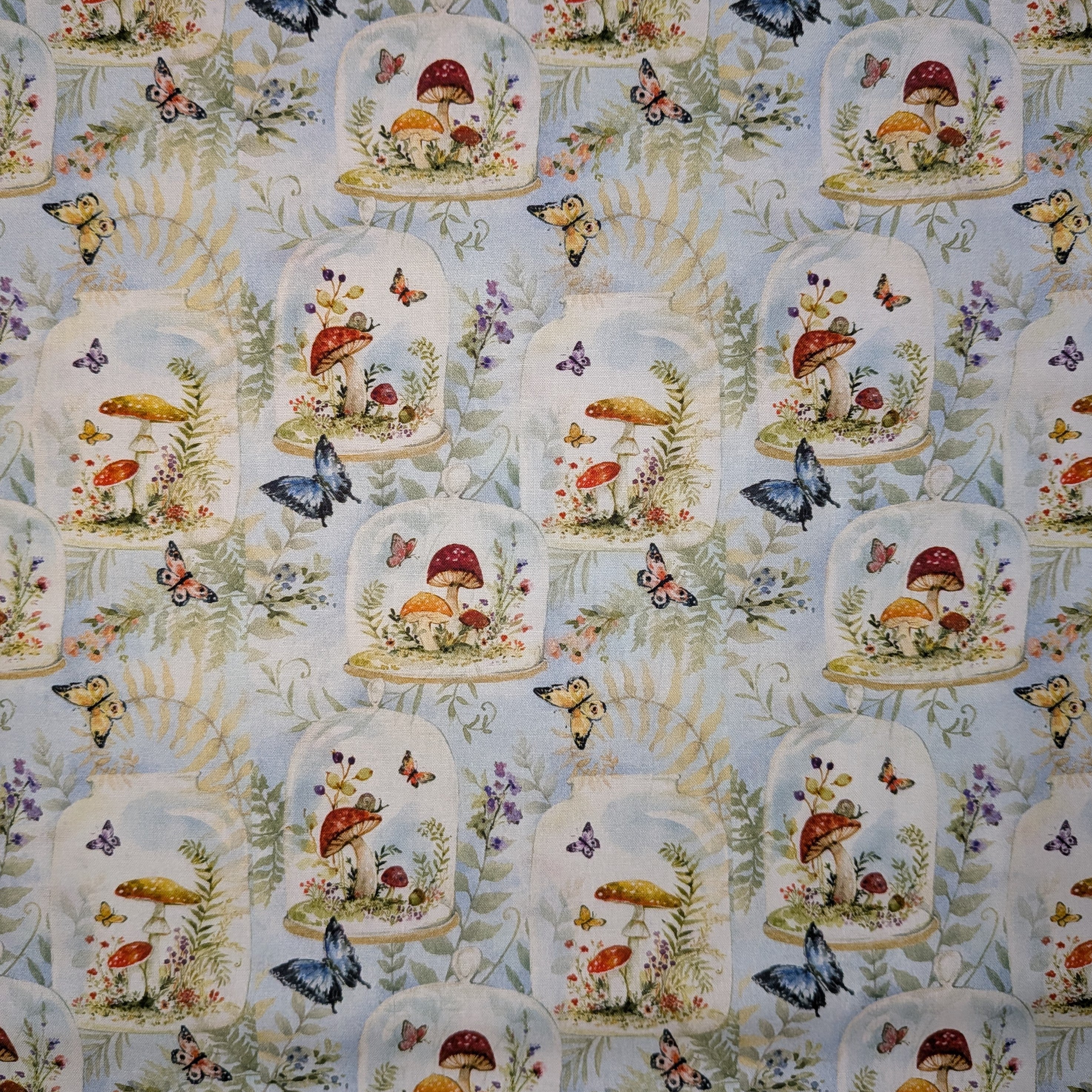 Springs Creative ~ Mushrooms ~ MUSHROOMS JARS ~ (Licensed Print) ~ Blue ~ Sold by the 1/2 Yard