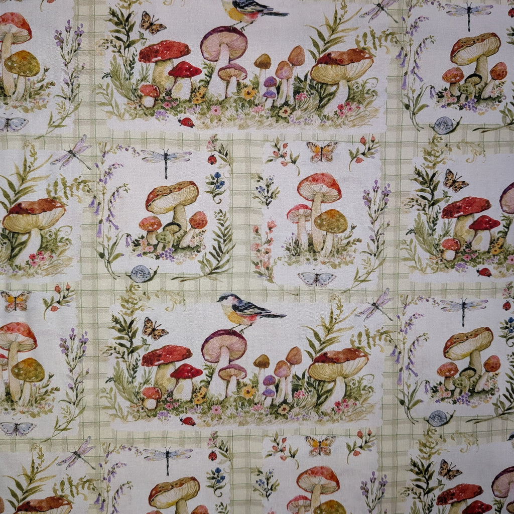 Springs Creative ~ Mushrooms ~ MUSHROOMS PATCH ~ (Licensed Print) ~ White ~ Sold by the 1/2 Yard