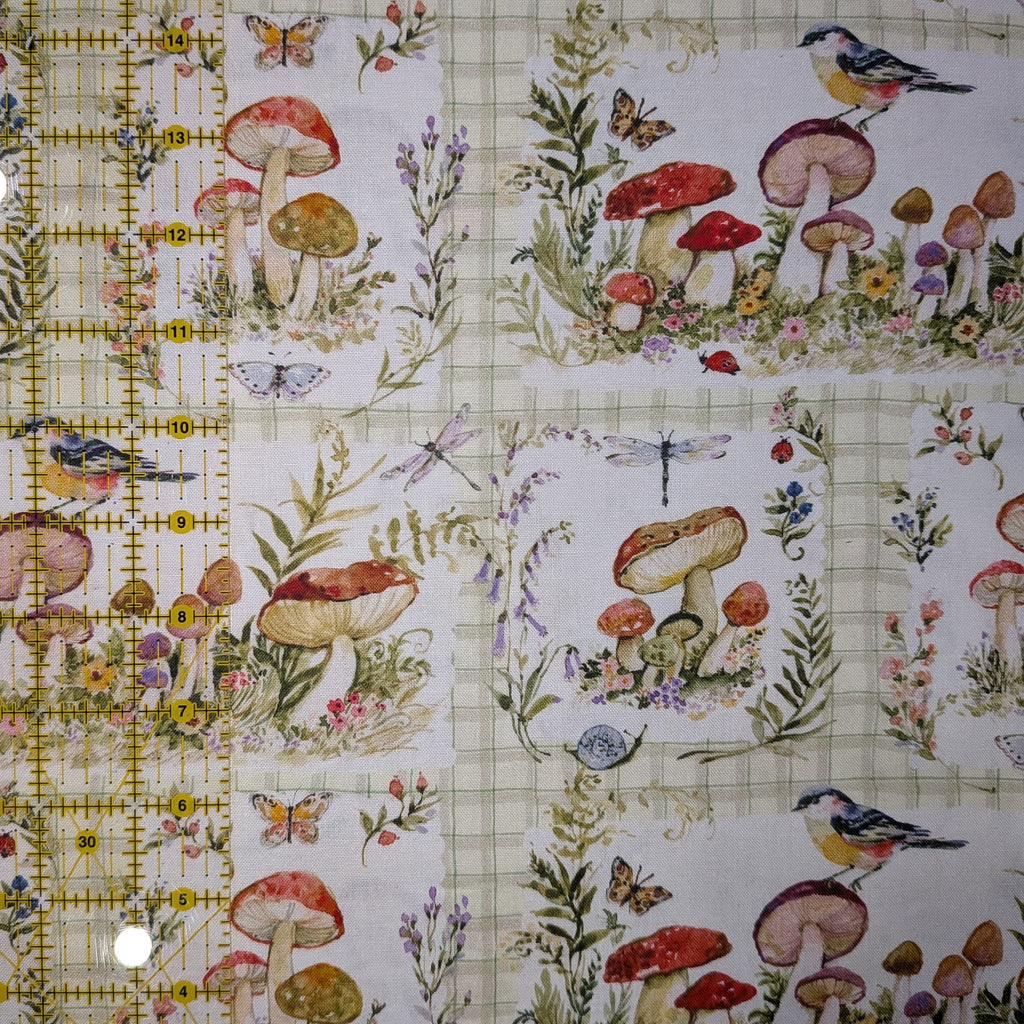 Springs Creative ~ Mushrooms ~ MUSHROOMS PATCH ~ (Licensed Print) ~ White ~ Sold by the 1/2 Yard