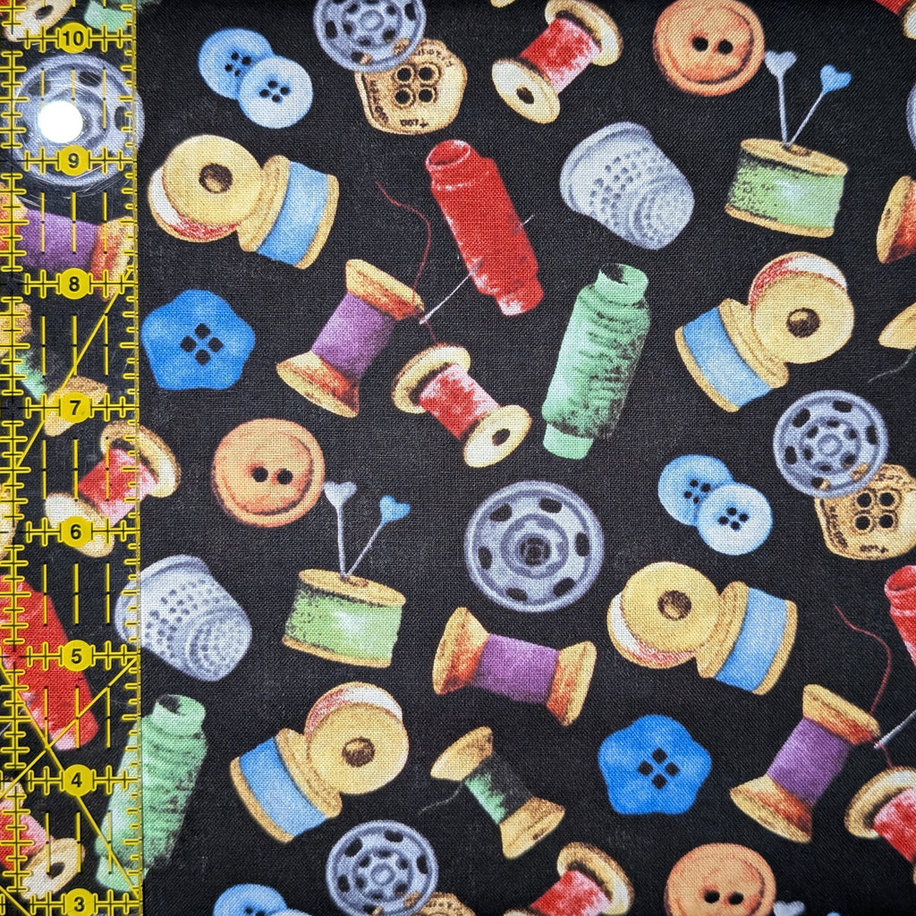 David Textiles ~ SEWING MATERIALS (Potpourri of Novelty) ~ Black ~ Sold by the 1/2 Yard