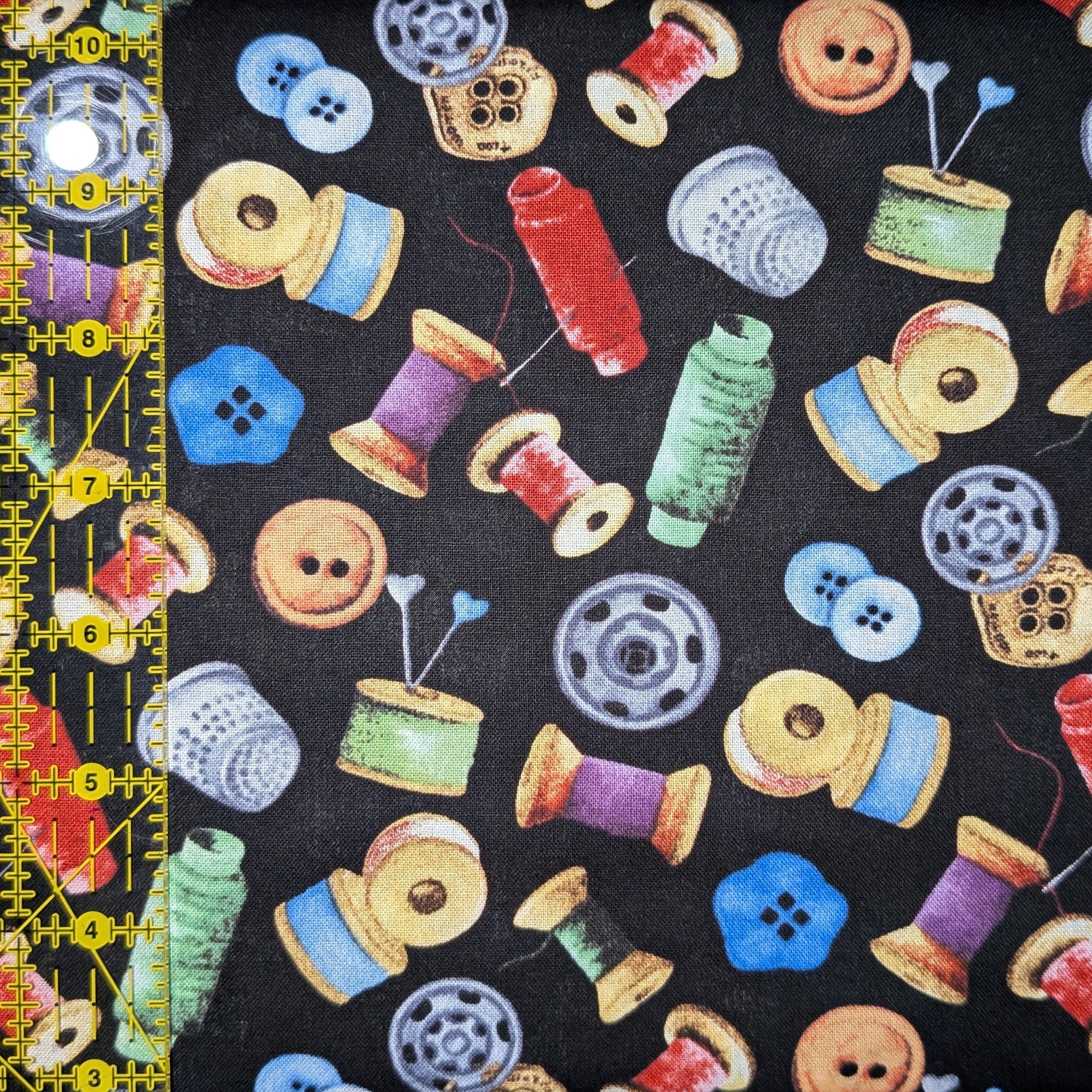 David Textiles ~ SEWING MATERIALS (Potpourri of Novelty) ~ Black ~ Sold by the 1/2 Yard