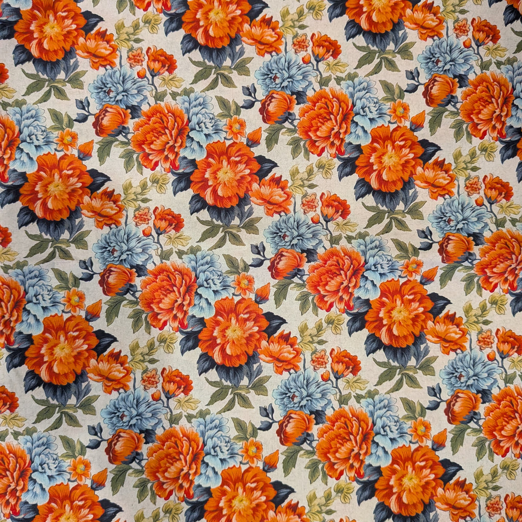 Marshall Dry Goods ~ VINTAGE FLORAL 13 ~ Orange and Blue Flowers on Cream Background ~ Sold by the 1/2 Yard