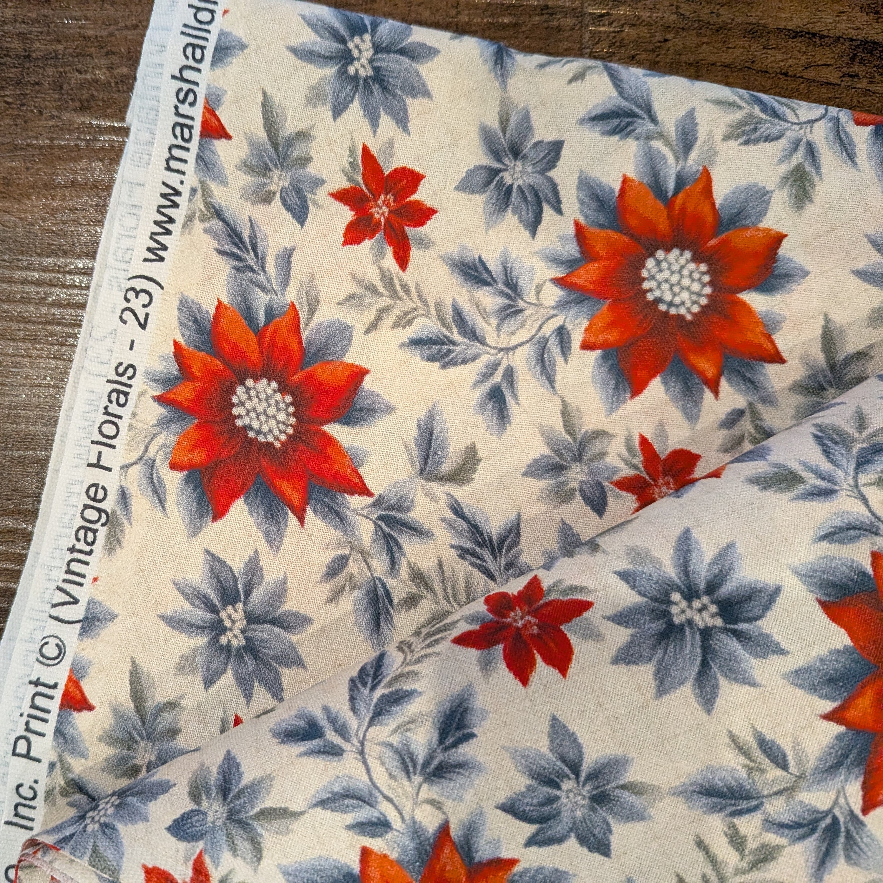 Marshall Dry Goods ~ VINTAGE FLORAL 23 ~ Red and Blue Flowers on Cream Background ~ Sold by the 1/2 Yard