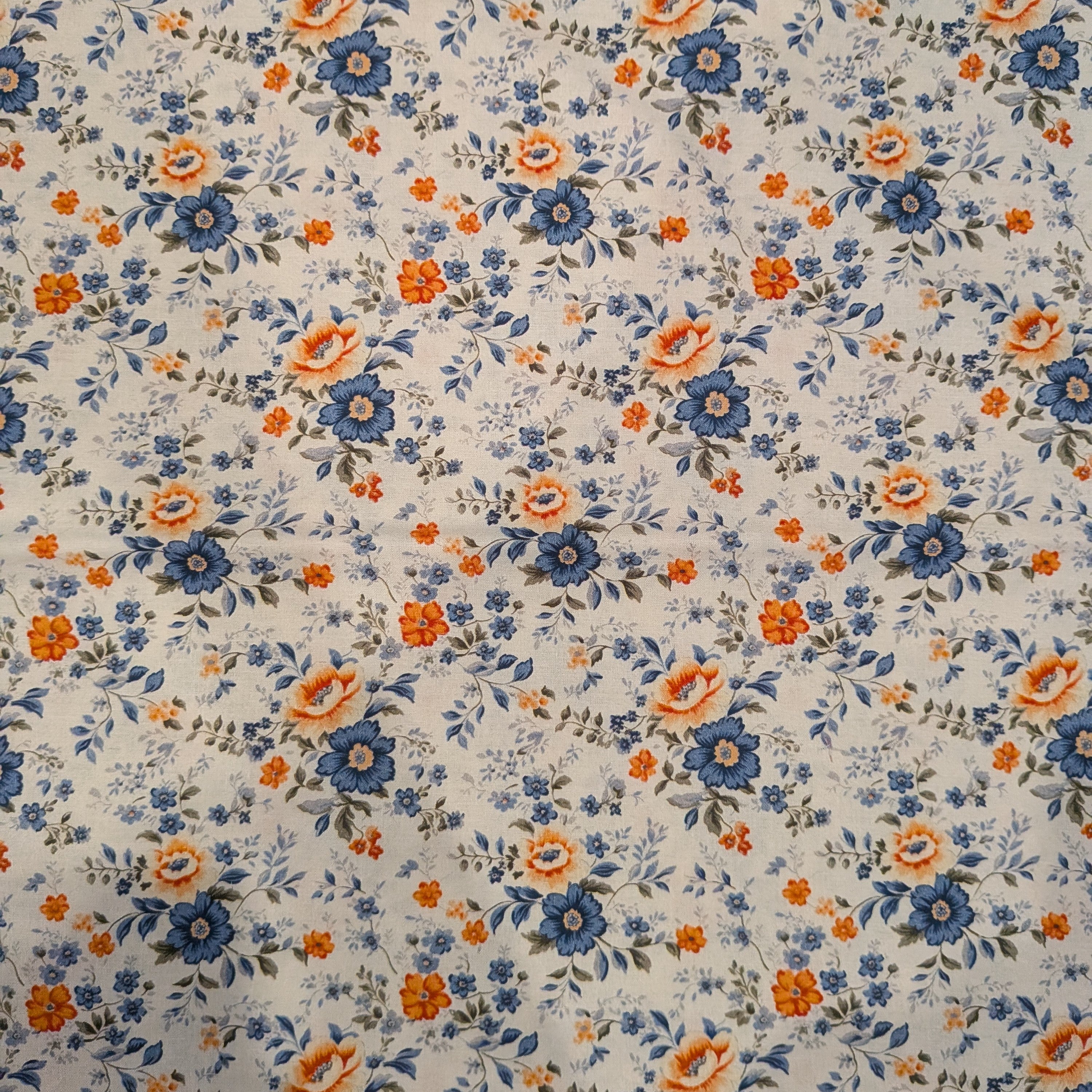 Marshall Dry Goods ~ VINTAGE FLORAL 66 ~ Orange and Blue Flowers on Cream Background ~ Sold by the 1/2 Yard