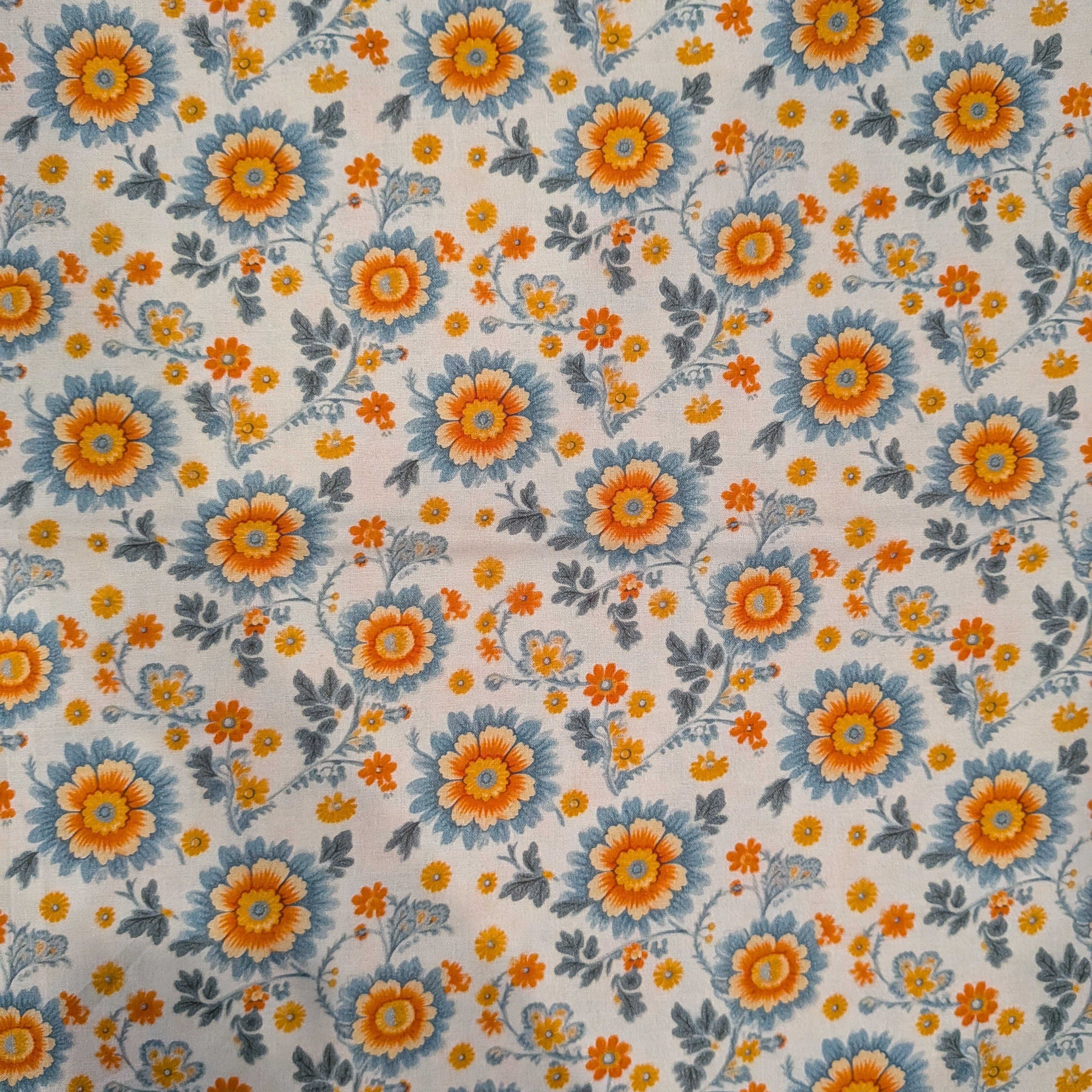 Marshall Dry Goods ~ VINTAGE FLORAL 6 ~ Orange and Blue Flowers on Cream Background ~ Sold by the 1/2 Yard