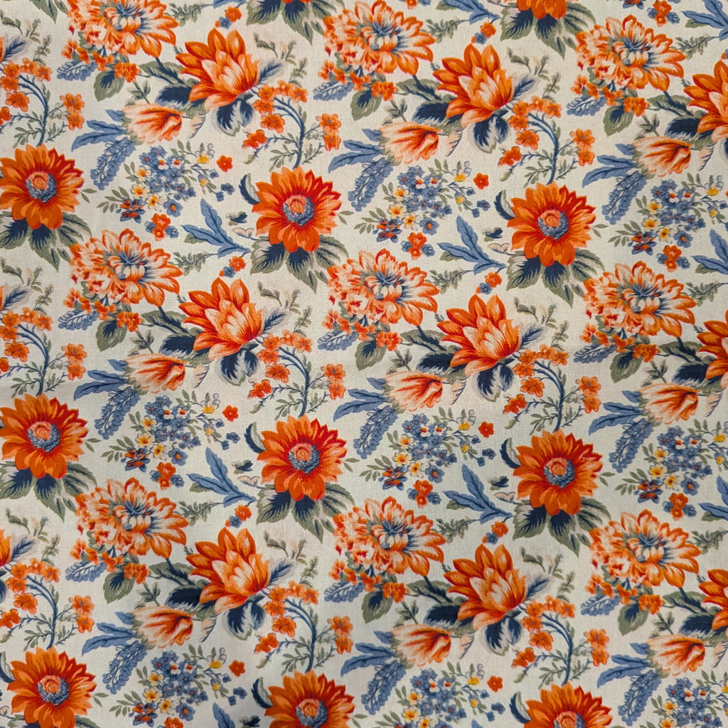 Marshall Dry Goods ~ VINTAGE FLORAL 70 ~ Orange and Blue Flowers on Cream Background ~ Sold by the 1/2 Yard
