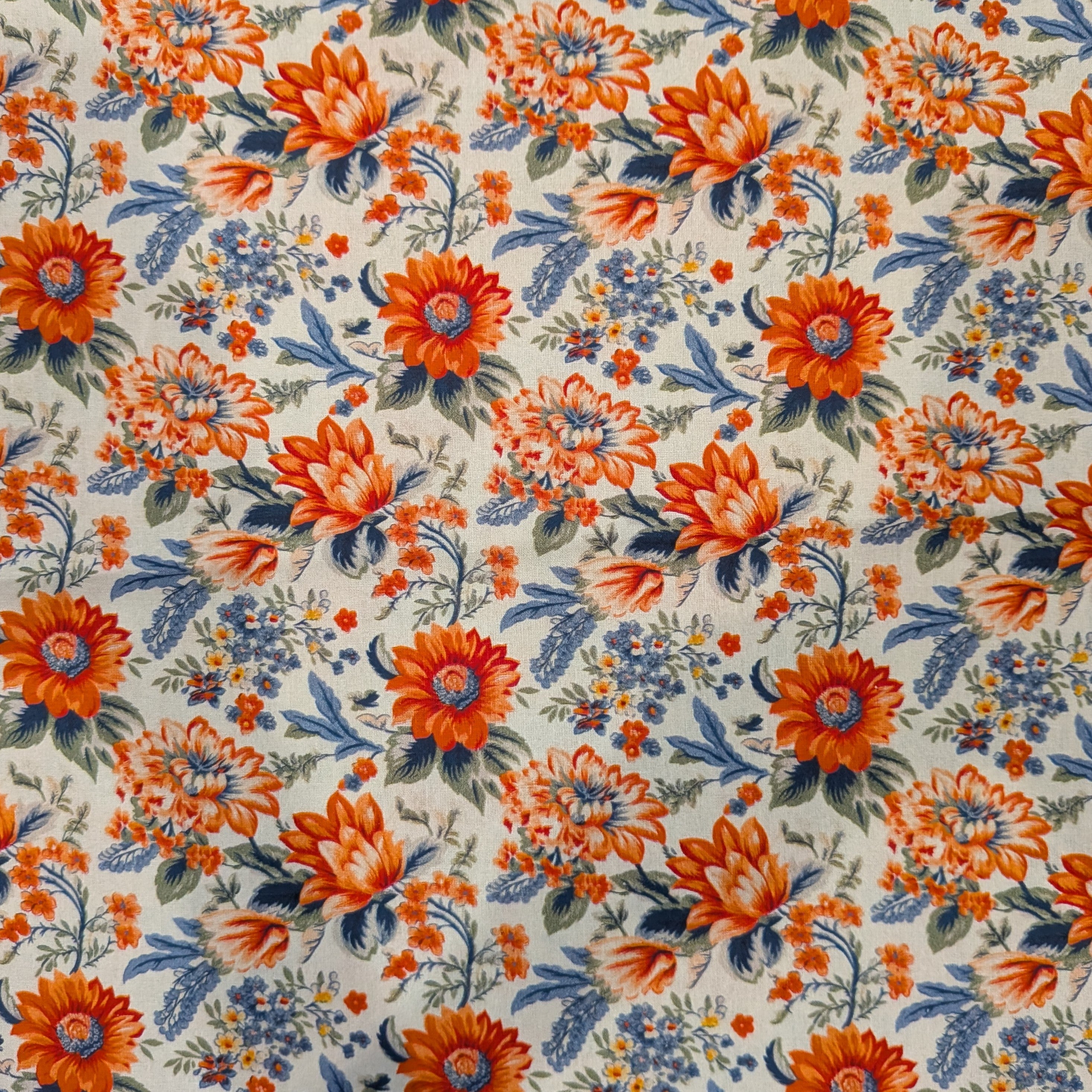 Marshall Dry Goods ~ VINTAGE FLORAL 70 ~ Orange and Blue Flowers on Cream Background ~ Sold by the 1/2 Yard