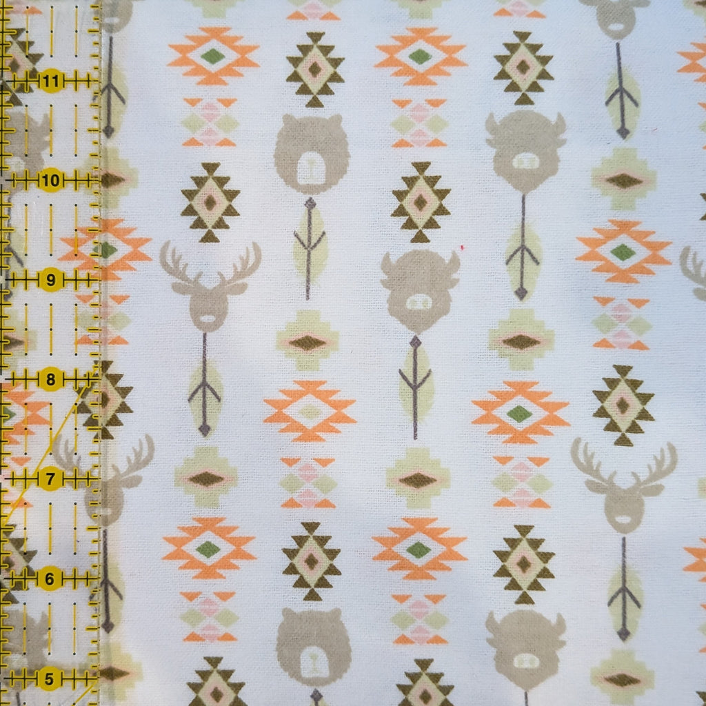 Camelot Fabrics ~ WILDLIFE TOTEM ~ FLANNEL ~  White, Sage Green, Soft Brown, and Warm Orange ~ Sold by the 1/2 Yard