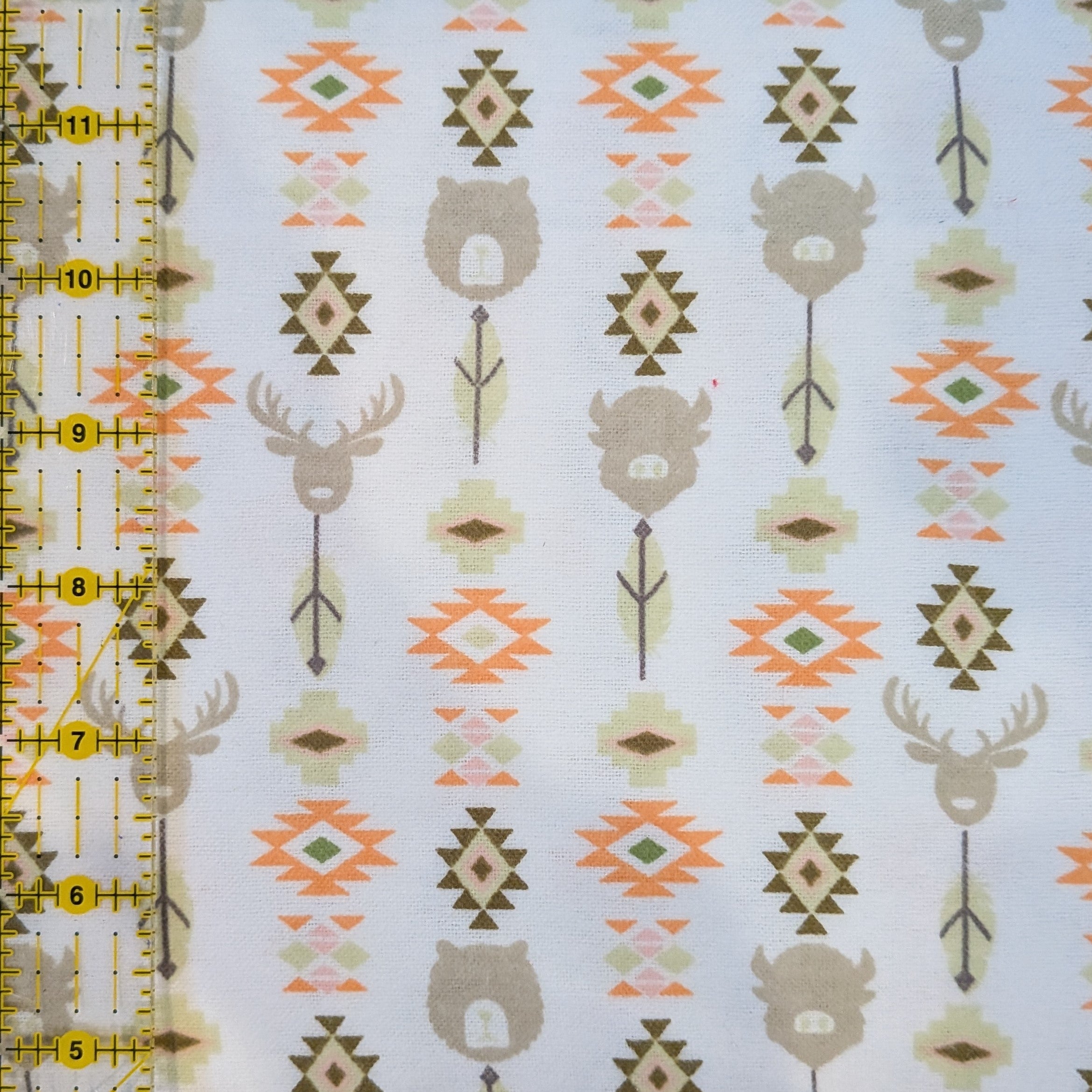 Camelot Fabrics ~ WILDLIFE TOTEM ~ FLANNEL ~  White, Sage Green, Soft Brown, and Warm Orange ~ Sold by the 1/2 Yard