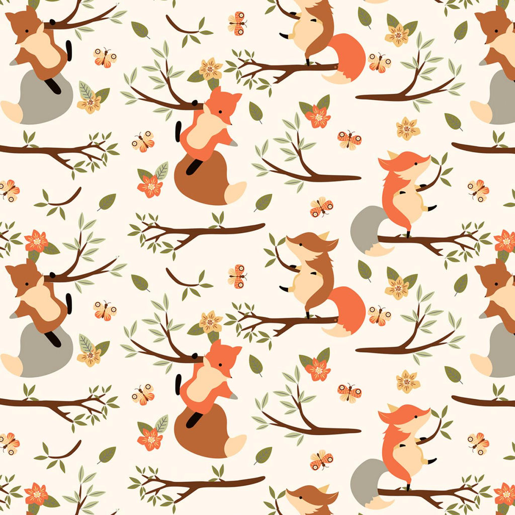 David Textiles ~ CLIMBING FOXES ~ FLANNEL ~ Cream ~ Sold by the 1/2 Yard