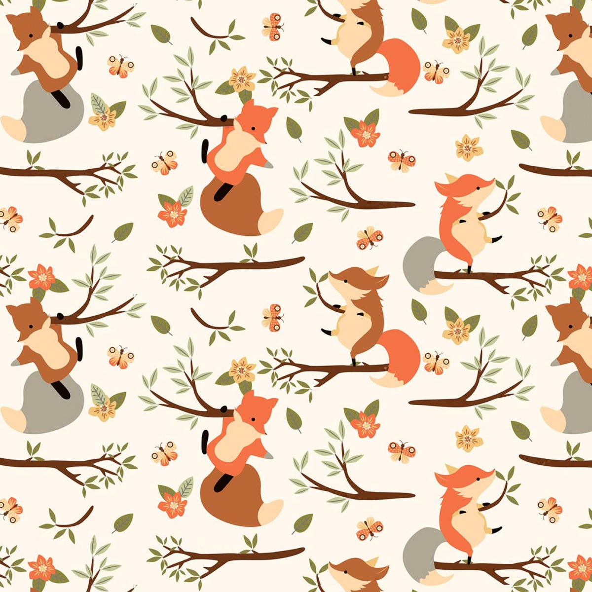 David Textiles ~ CLIMBING FOXES ~ FLANNEL ~ Cream ~ Sold by the 1/2 Yard