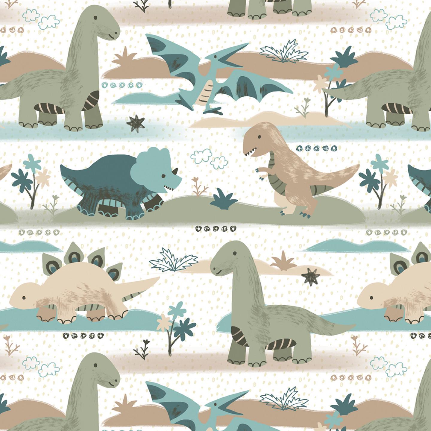 David Textiles ~ GOING DINO ~ FLANNEL ~ White ~ Sold by the 1/2 Yard