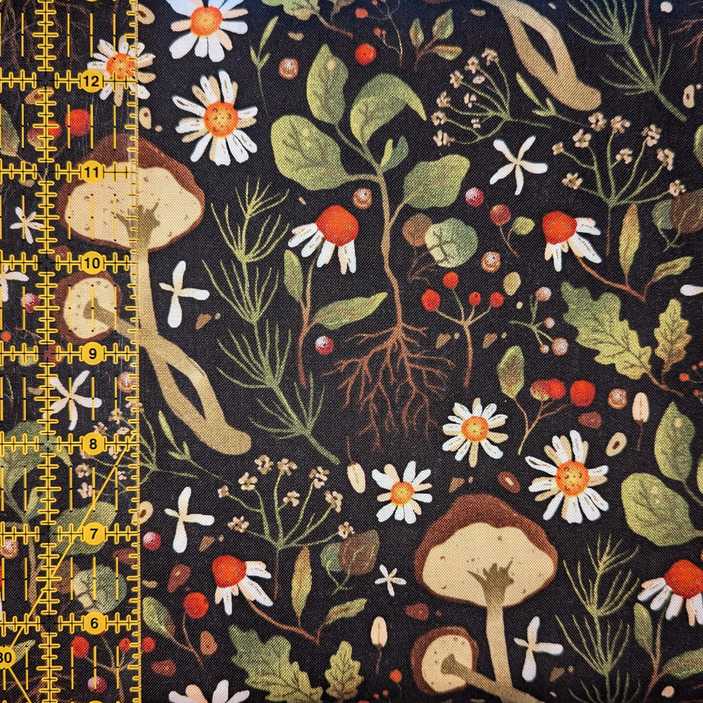 David Textiles ~ WOODLAND MUSHROOMS (Potpourri of Novelty) ~ Black ~ Sold by the 1/2 Yard