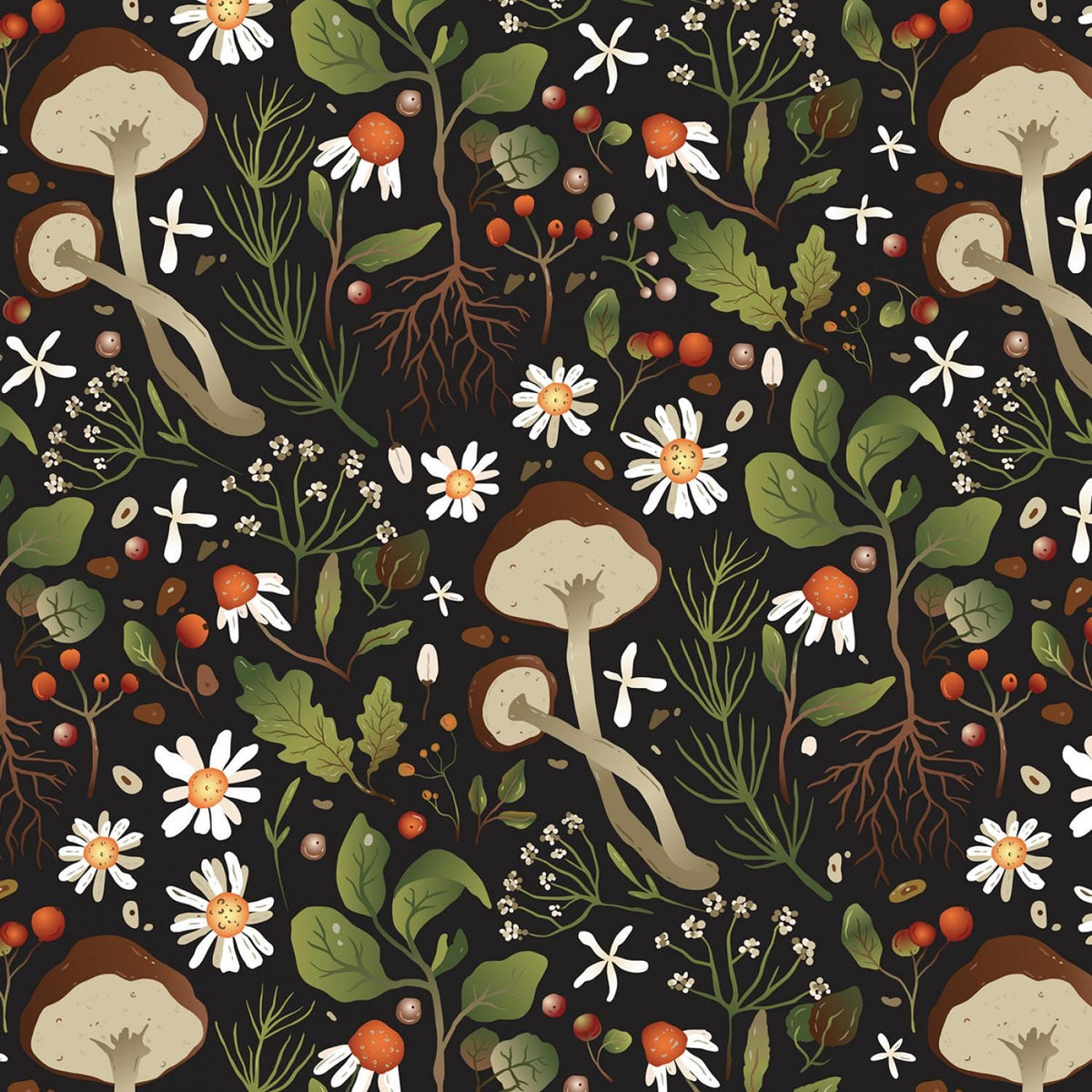 David Textiles ~ WOODLAND MUSHROOMS (Potpourri of Novelty) ~ Black ~ Sold by the 1/2 Yard