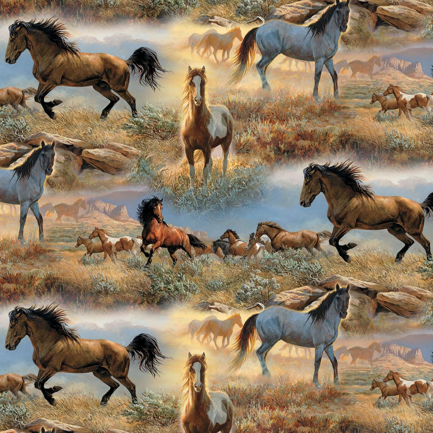 David Textiles ~ HORSE In THE PRAIRIE (Potpourri of Novelty) ~ Multi ~ Sold by the 1/2 Yard