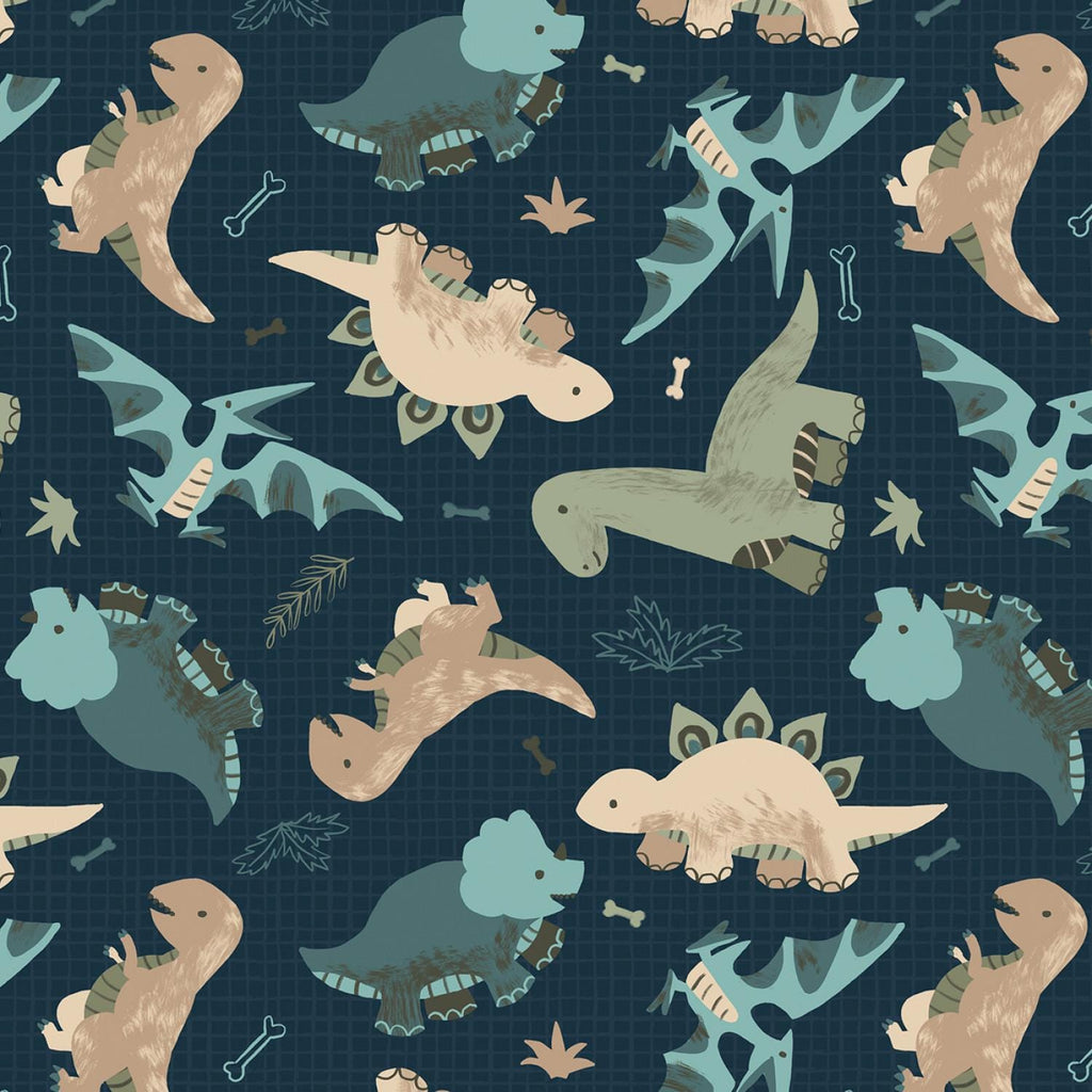 David Textiles ~ GOING DINO Toss ~ FLANNEL ~ Blue ~ Sold by the 1/2 Yard