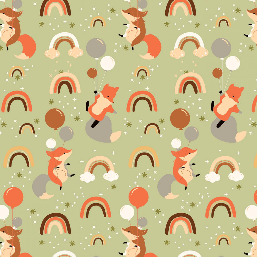 David Textiles ~ FOXES And RAINBOWS ~ FLANNEL ~ Green ~ Sold by the 1/2 Yard