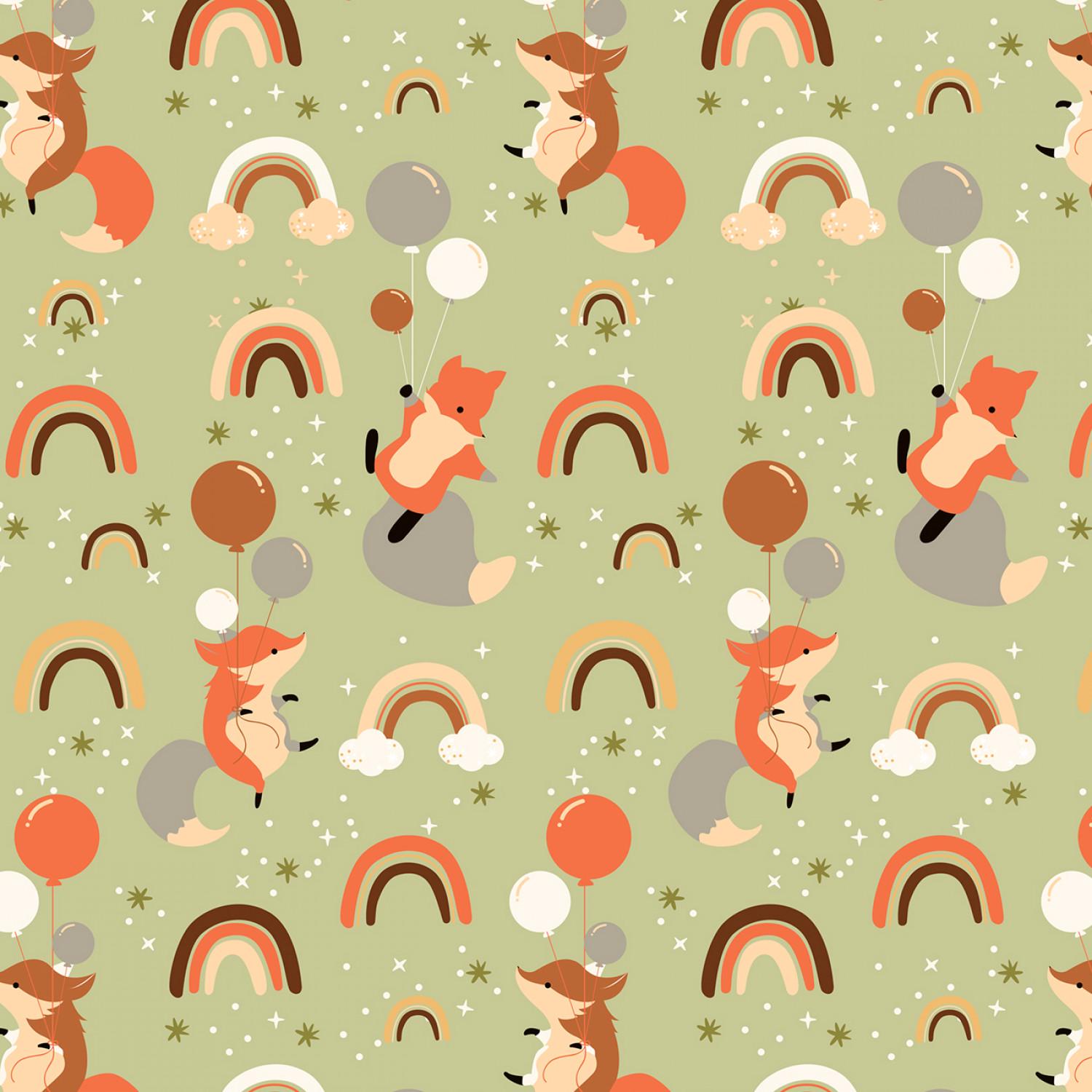 David Textiles ~ FOXES And RAINBOWS ~ FLANNEL ~ Green ~ Sold by the 1/2 Yard