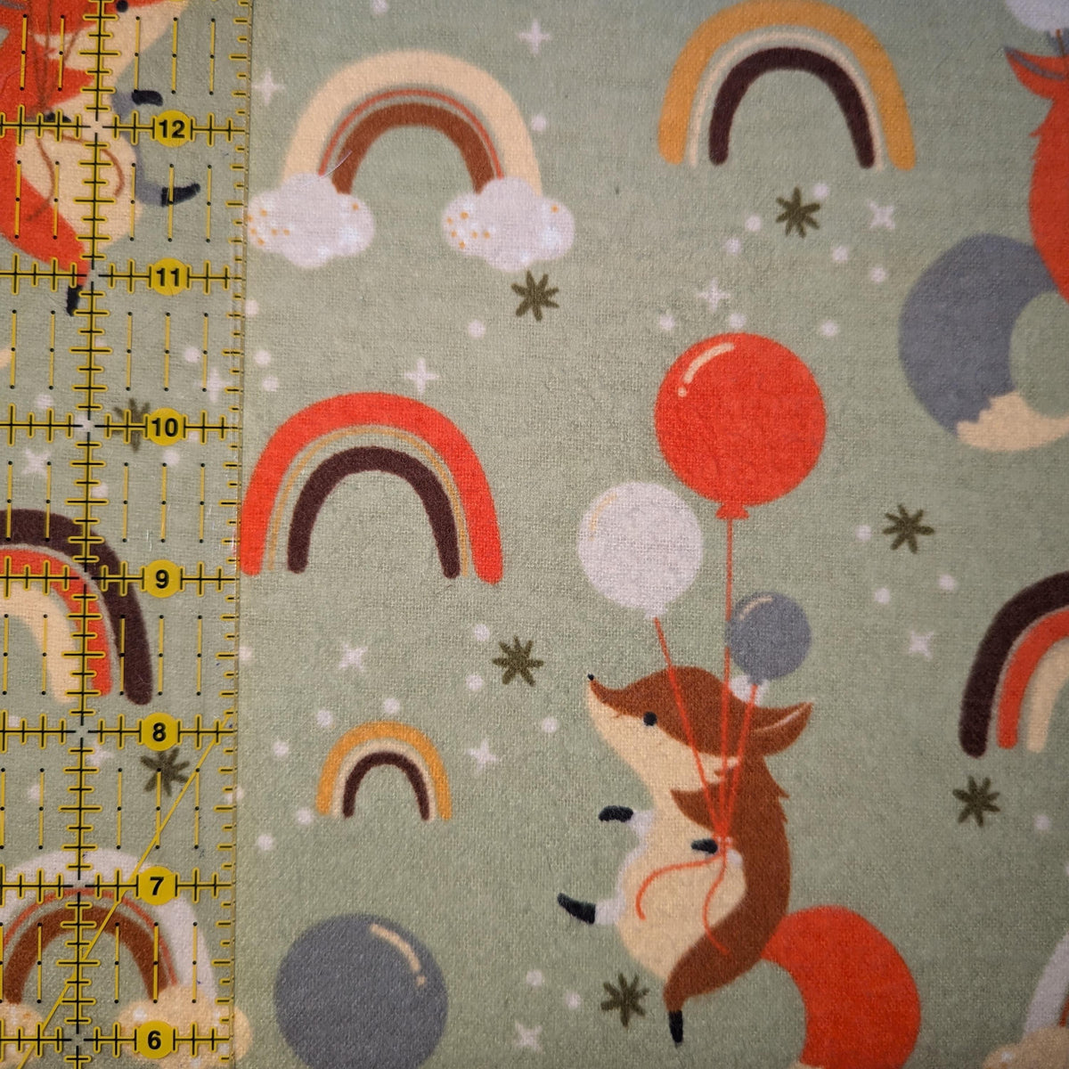 David Textiles ~ FOXES And RAINBOWS ~ FLANNEL ~ Green ~ Sold by the 1/2 Yard