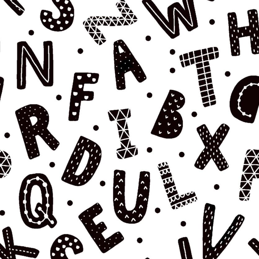 3 Wishes Fabric ~ BLACK LETTERS ~ FLANNEL ~ Black and White ~ Sold by the 1/2 Yard