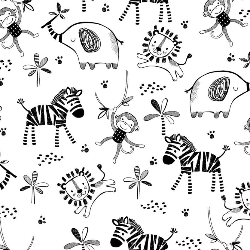 3 Wishes Fabric ~ Black and White SAFARI ~ FLANNEL ~ Black and White ~ Sold by the 1/2 Yard