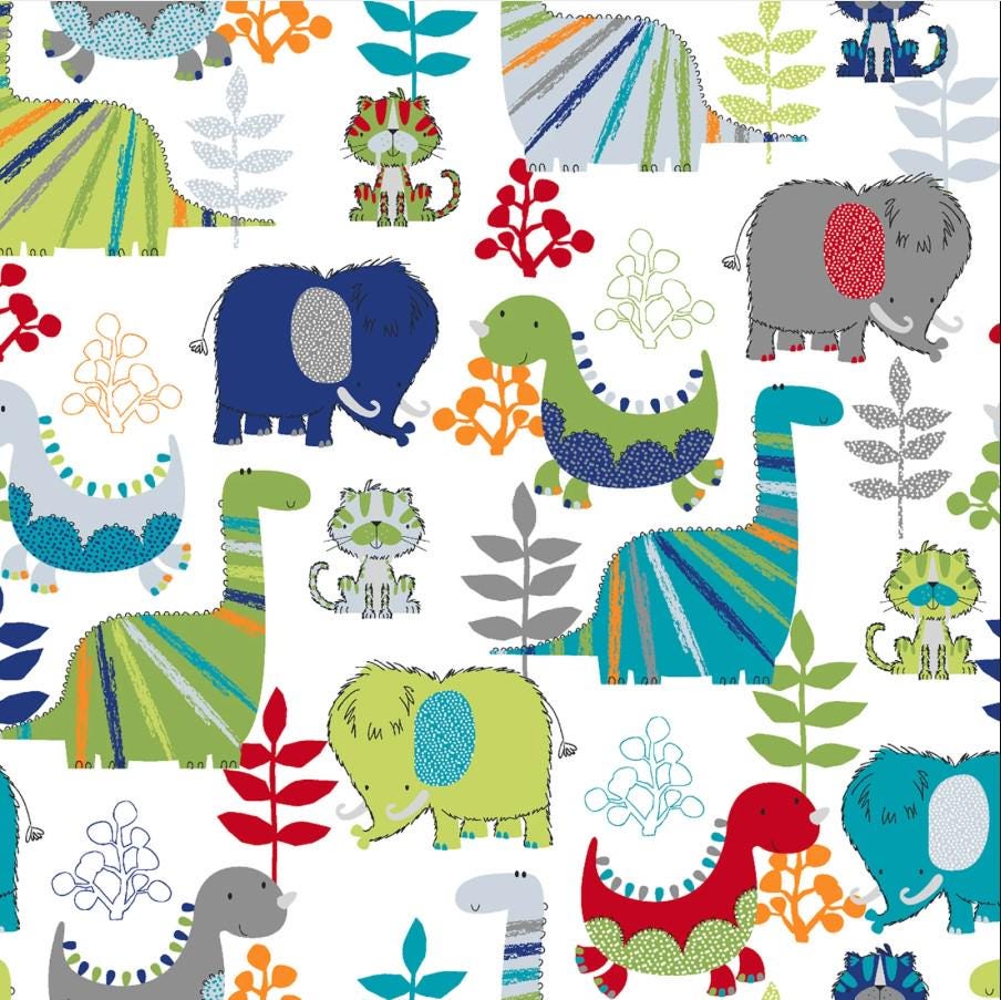 3 Wishes Fabric ~ DINO TOSS ~ FLANNEL ~ White and Multi~ Sold by the 1/2 Yard