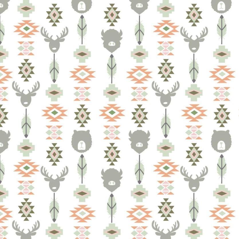 Camelot Fabrics ~ WILDLIFE TOTEM ~ FLANNEL ~  White, Sage Green, Soft Brown, and Warm Orange ~ Sold by the 1/2 Yard