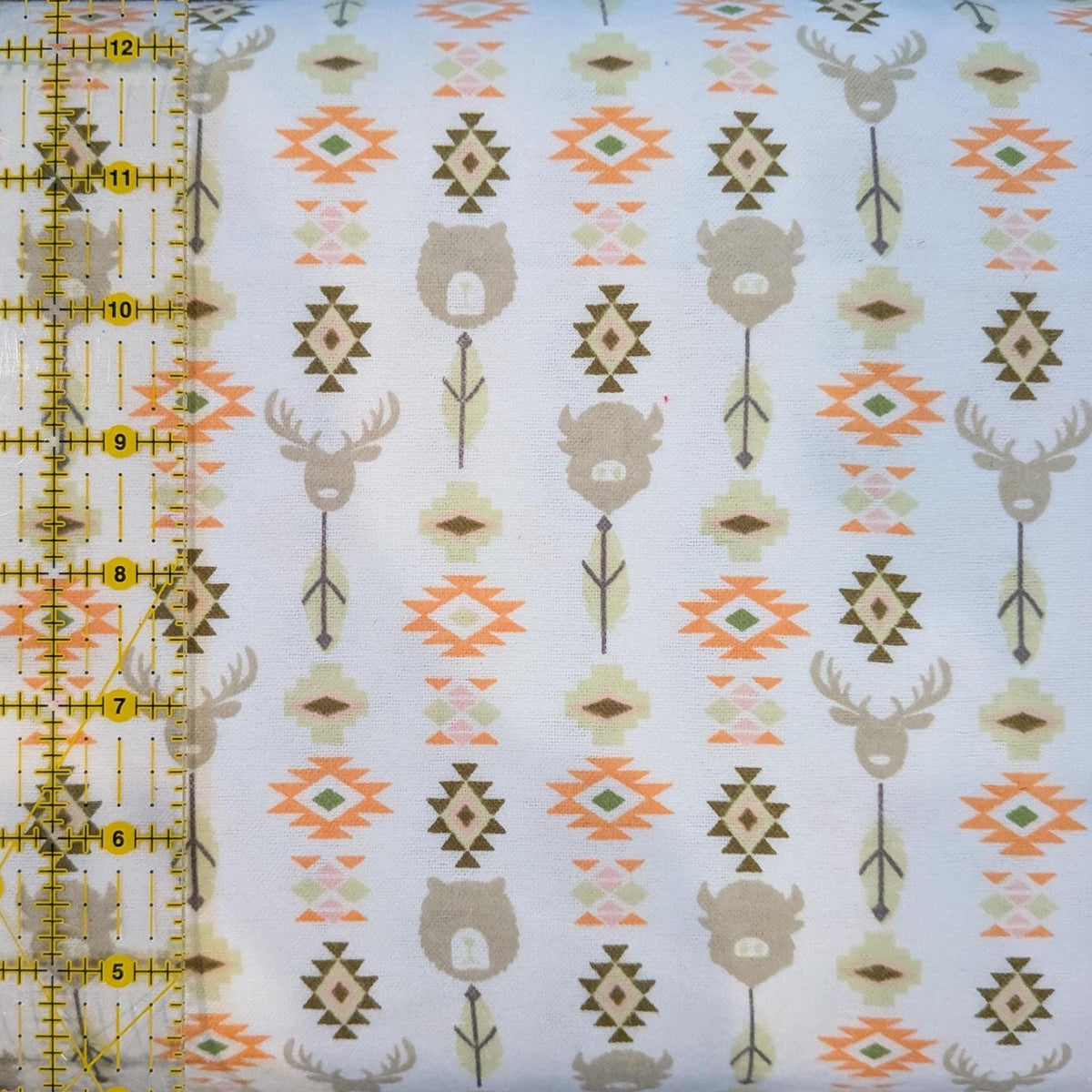 Camelot Fabrics ~ WILDLIFE TOTEM ~ FLANNEL ~ White, Sage Green, Soft Brown, and Warm Orange ~ Sold by the 1/2 Yard