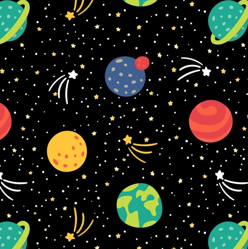 David Textiles ~ PLANETS And STARS ~ FLANNEL ~ Black ~ Sold by the 1/2 Yard