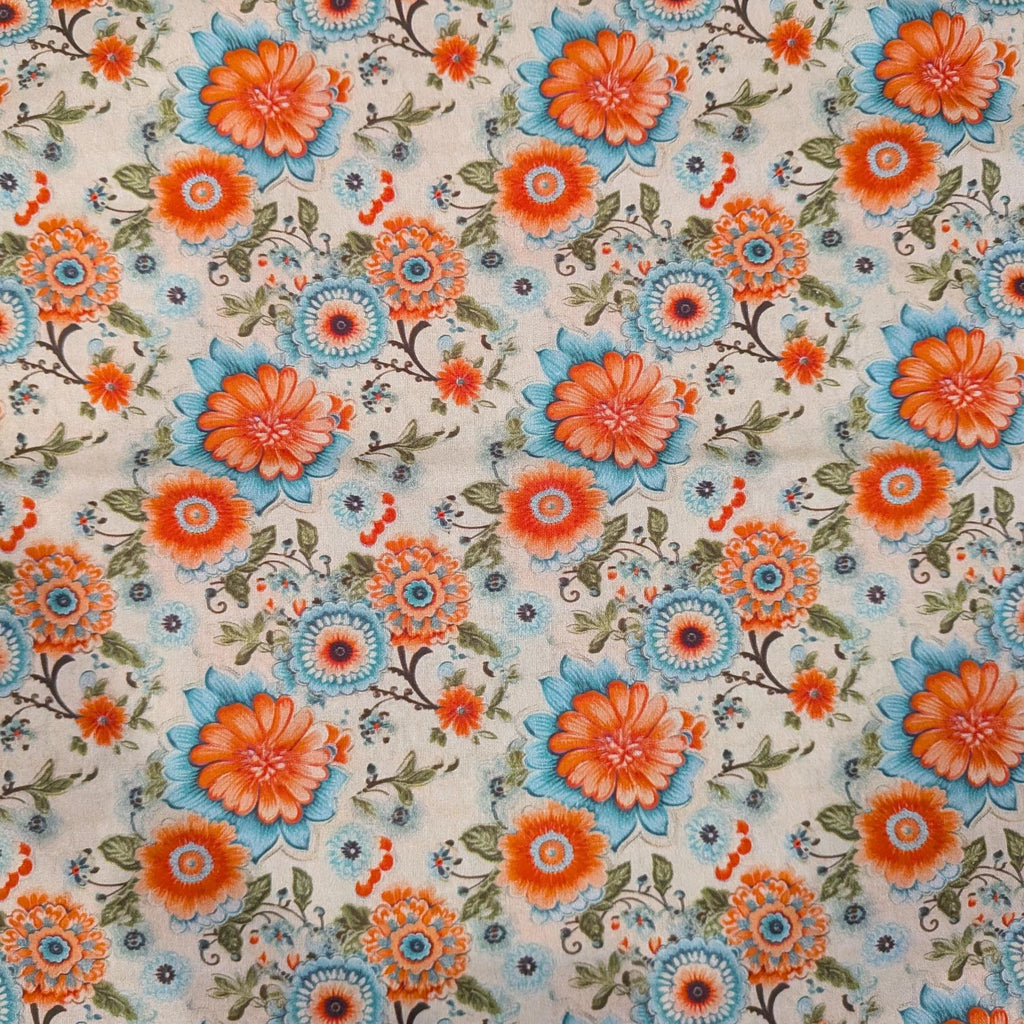 Marshall Dry Goods ~ VINTAGE FLORAL 4 ~ Orange and Blue Flowers on Cream Background ~ Sold by the 1/2 Yard