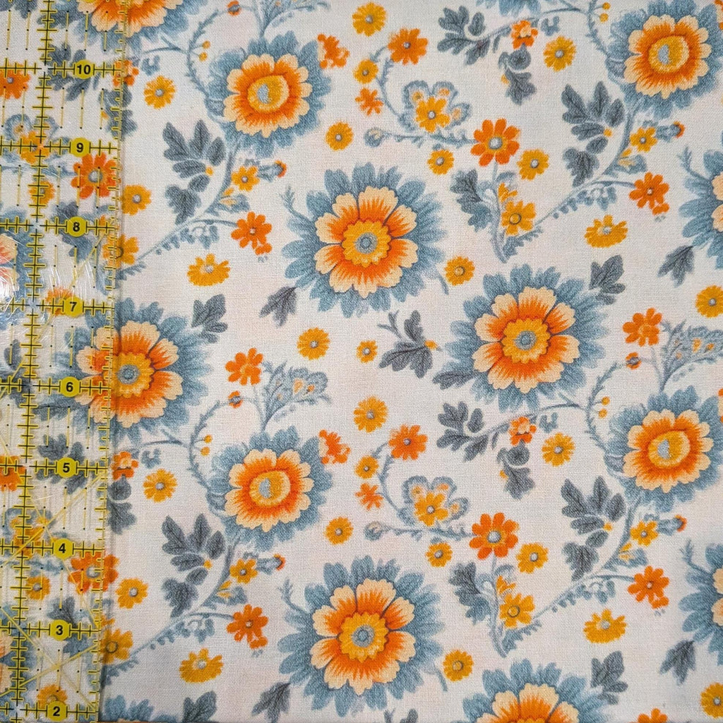 Marshall Dry Goods ~ VINTAGE FLORAL 6 ~ Orange and Blue Flowers on Cream Background ~ Sold by the 1/2 Yard