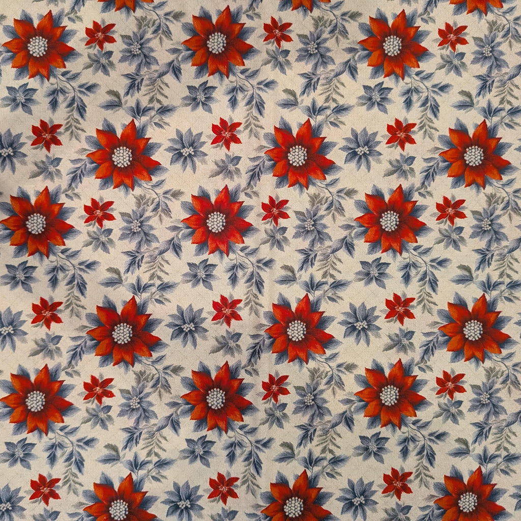 Marshall Dry Goods ~ VINTAGE FLORAL 23 ~ Red and Blue Flowers on Cream Background ~ Sold by the 1/2 Yard