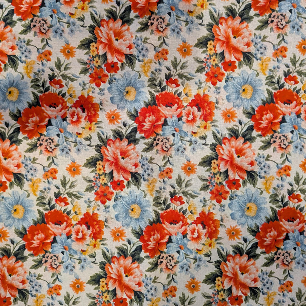 Marshall Dry Goods ~ VINTAGE FLORAL 33 ~ Reddish Pink, Blue, Orange and Yellow Flowers on Cream Background ~ Sold by the 1/2 Yard