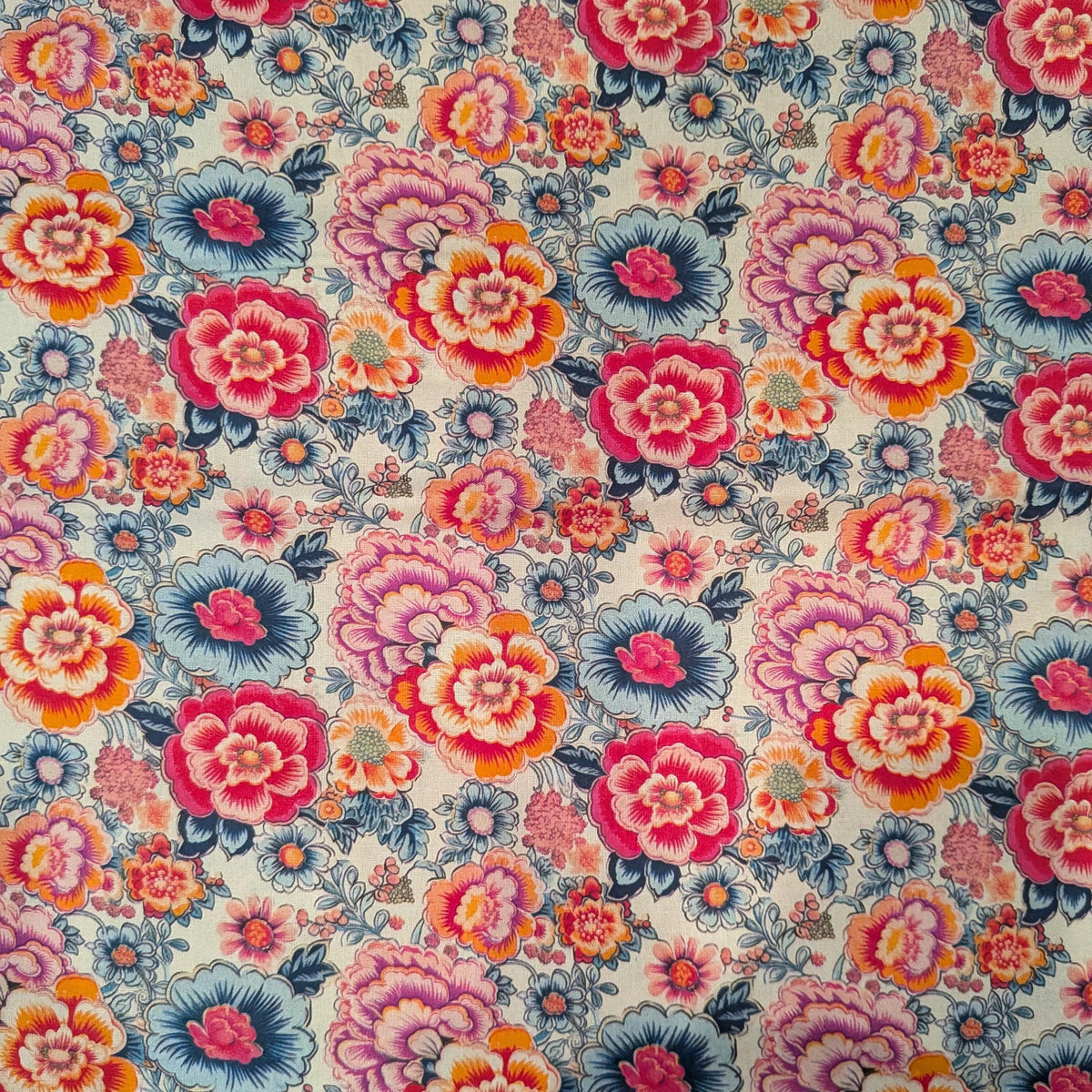 Marshall Dry Goods ~ VINTAGE FLORAL 46 ~ Pink, Blue, and Orange Flowers on Cream Background ~ Sold by the 1/2 Yard