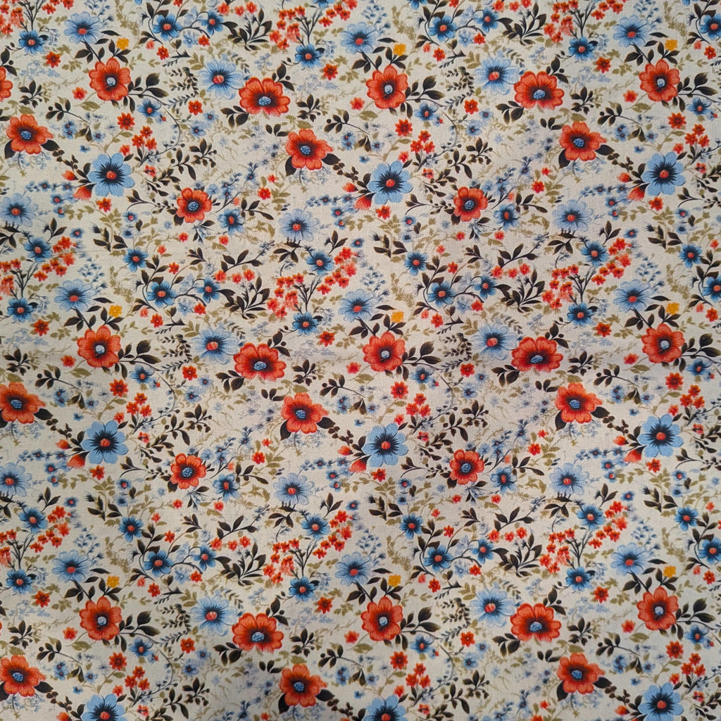 Marshall Dry Goods ~ VINTAGE FLORAL 53 ~ Reddish Pink, and Blue Flowers on Cream Background ~ Sold by the 1/2 Yard