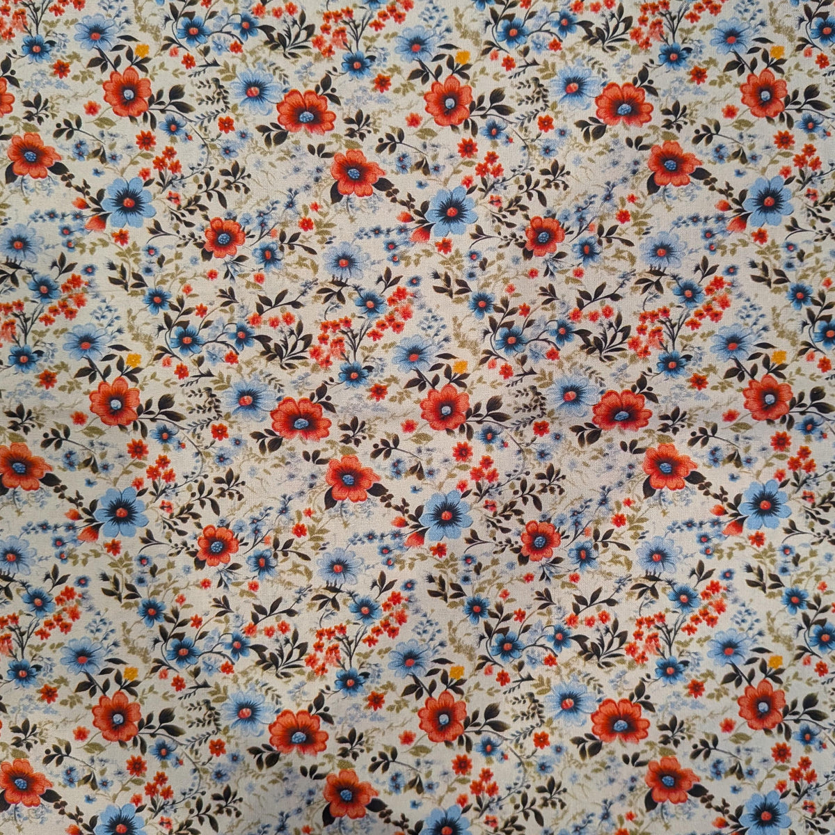 Marshall Dry Goods ~ VINTAGE FLORAL 53 ~ Reddish Pink, and Blue Flowers on Cream Background ~ Sold by the 1/2 Yard